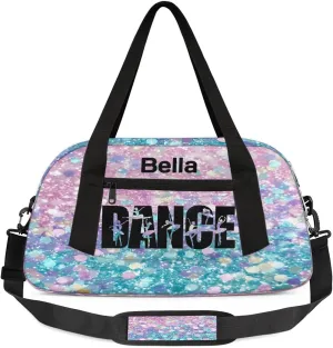 Custom Kids Sports Duffel Bag Purple Pink Blue Glitter Ballet Dance Personalized Dance Gym Bag for Boys Girls Lightweight Weekender Travel Duffle Cheer Bag