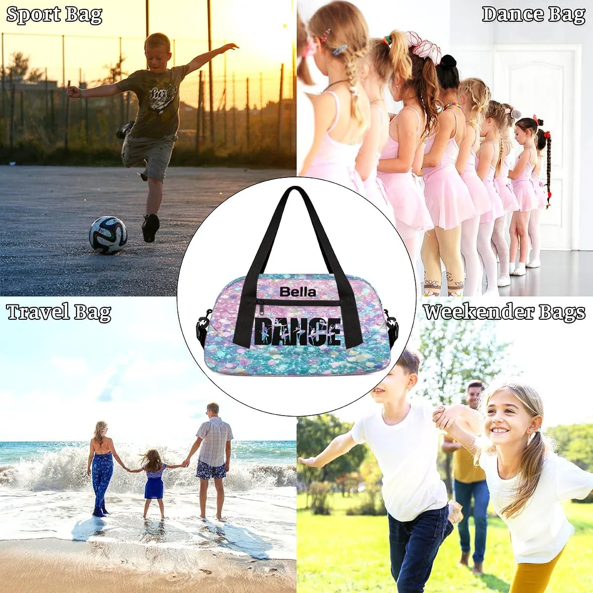 Custom Kids Sports Duffel Bag Purple Pink Blue Glitter Ballet Dance Personalized Dance Gym Bag for Boys Girls Lightweight Weekender Travel Duffle Cheer Bag