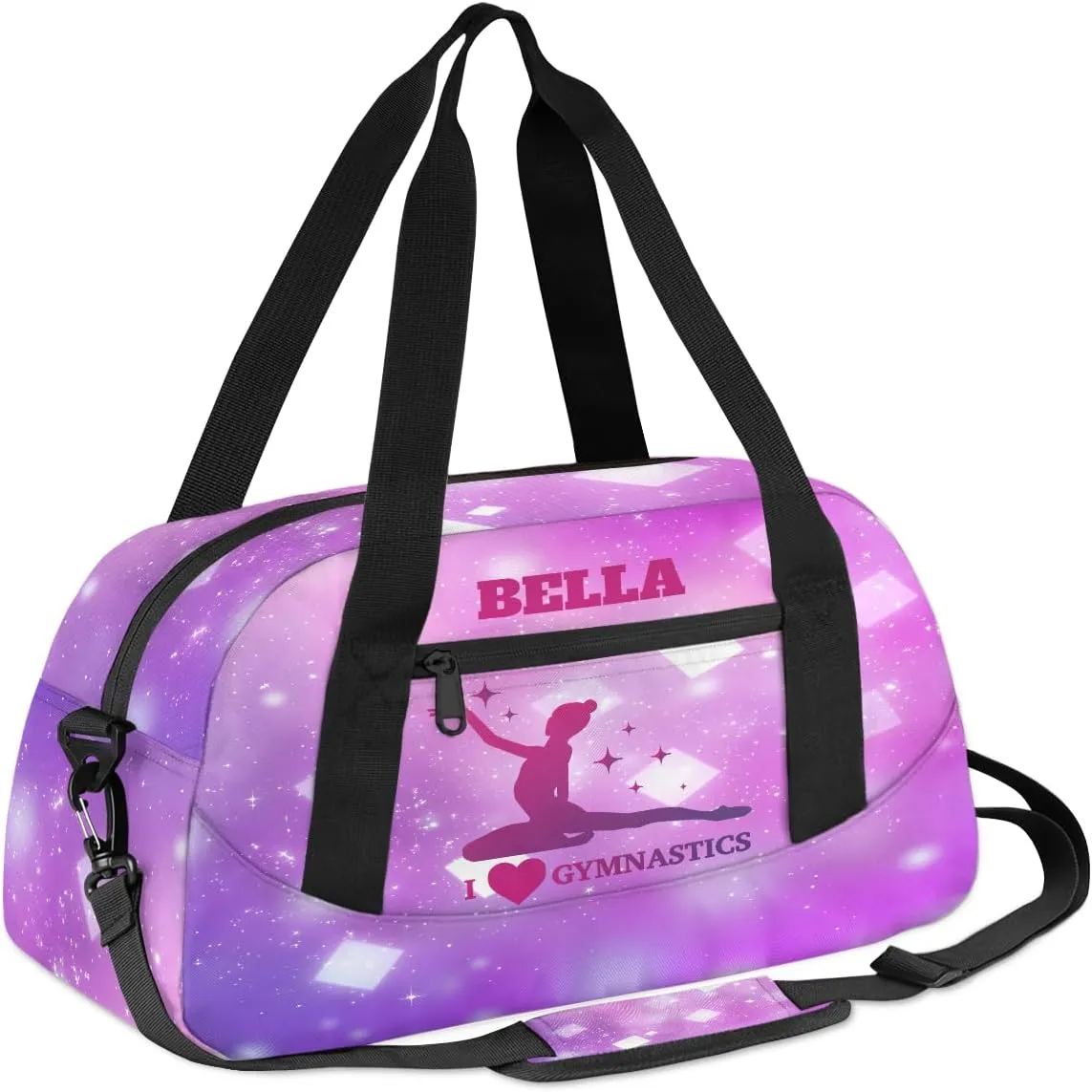 Custom Kids Sports Duffel Bag Purple Pink Gradient Glitter Gym Personalized Dance Gym Bag for Boys Girls Lightweight Weekender Travel Duffle Cheer Bag