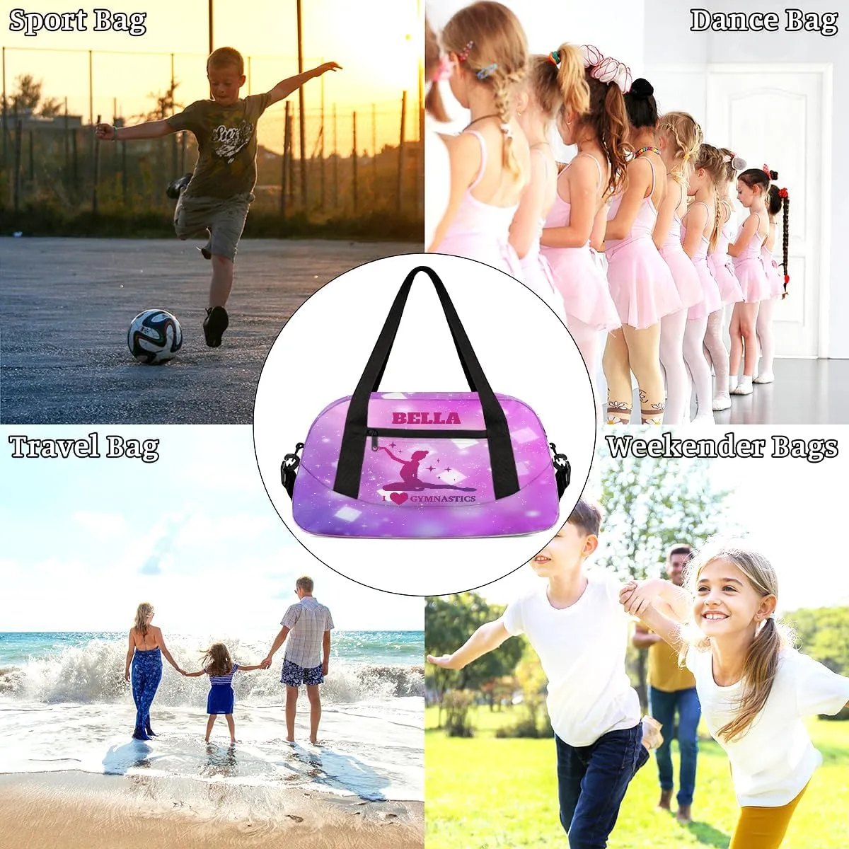Custom Kids Sports Duffel Bag Purple Pink Gradient Glitter Gym Personalized Dance Gym Bag for Boys Girls Lightweight Weekender Travel Duffle Cheer Bag