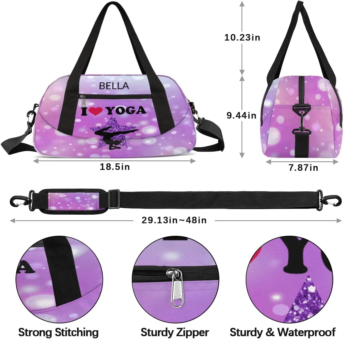 Custom Kids Sports Duffel Bag Purple Pink Shining Polka Dots Yoga Personalized Dance Gym Bag for Boys Girls Lightweight Weekender Travel Duffle Cheer Bag