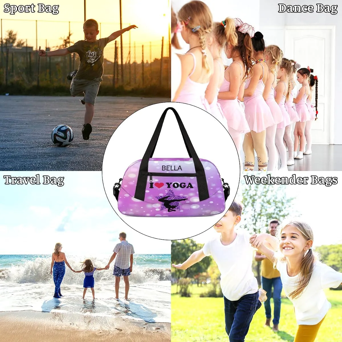Custom Kids Sports Duffel Bag Purple Pink Shining Polka Dots Yoga Personalized Dance Gym Bag for Boys Girls Lightweight Weekender Travel Duffle Cheer Bag