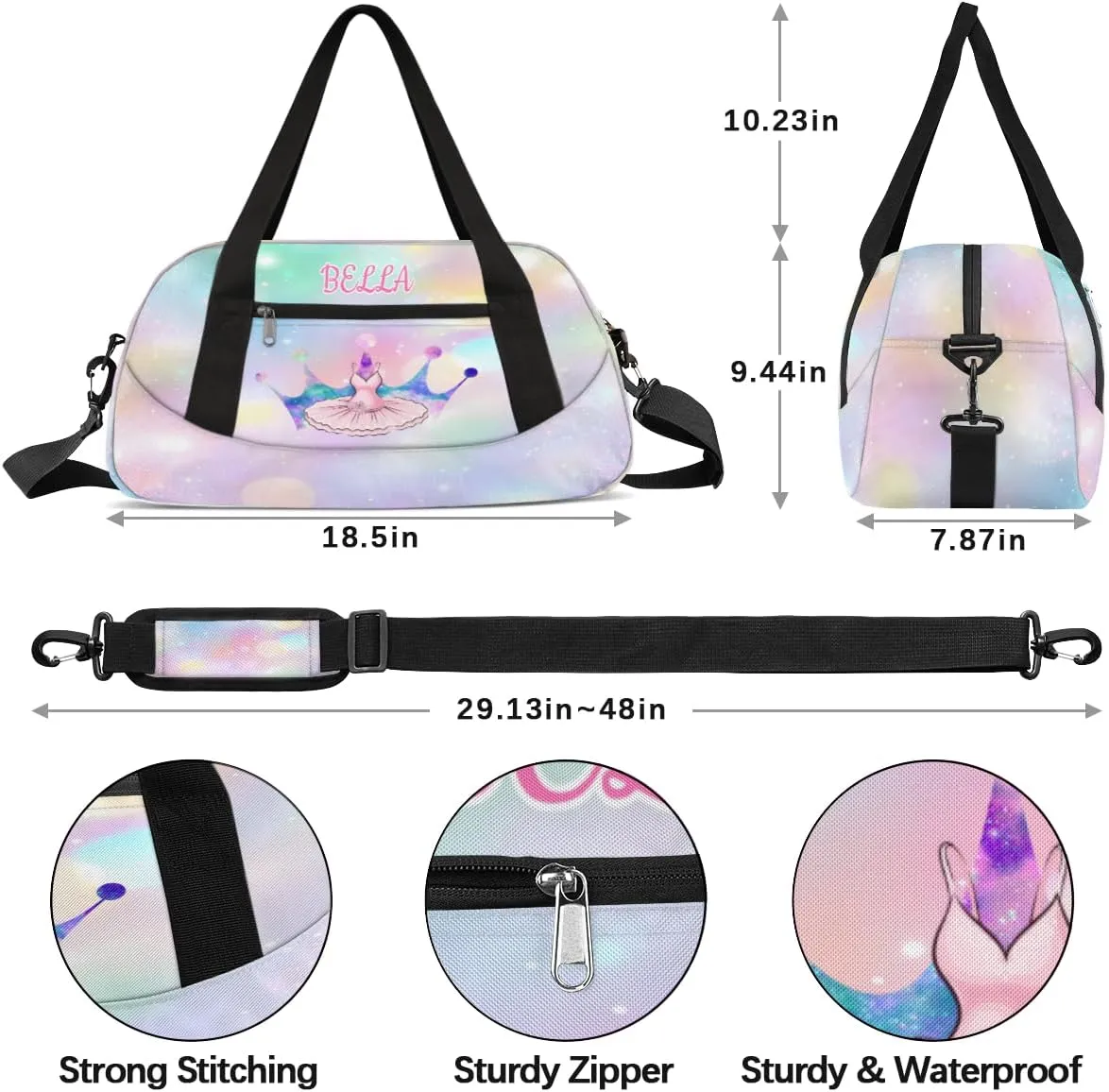Custom Kids Sports Duffel Bag Rainbow Pastel Bokeh Ballet Dance Personalized Dance Gym Bag for Boys Girls Lightweight Weekender Travel Duffle Cheer Bag