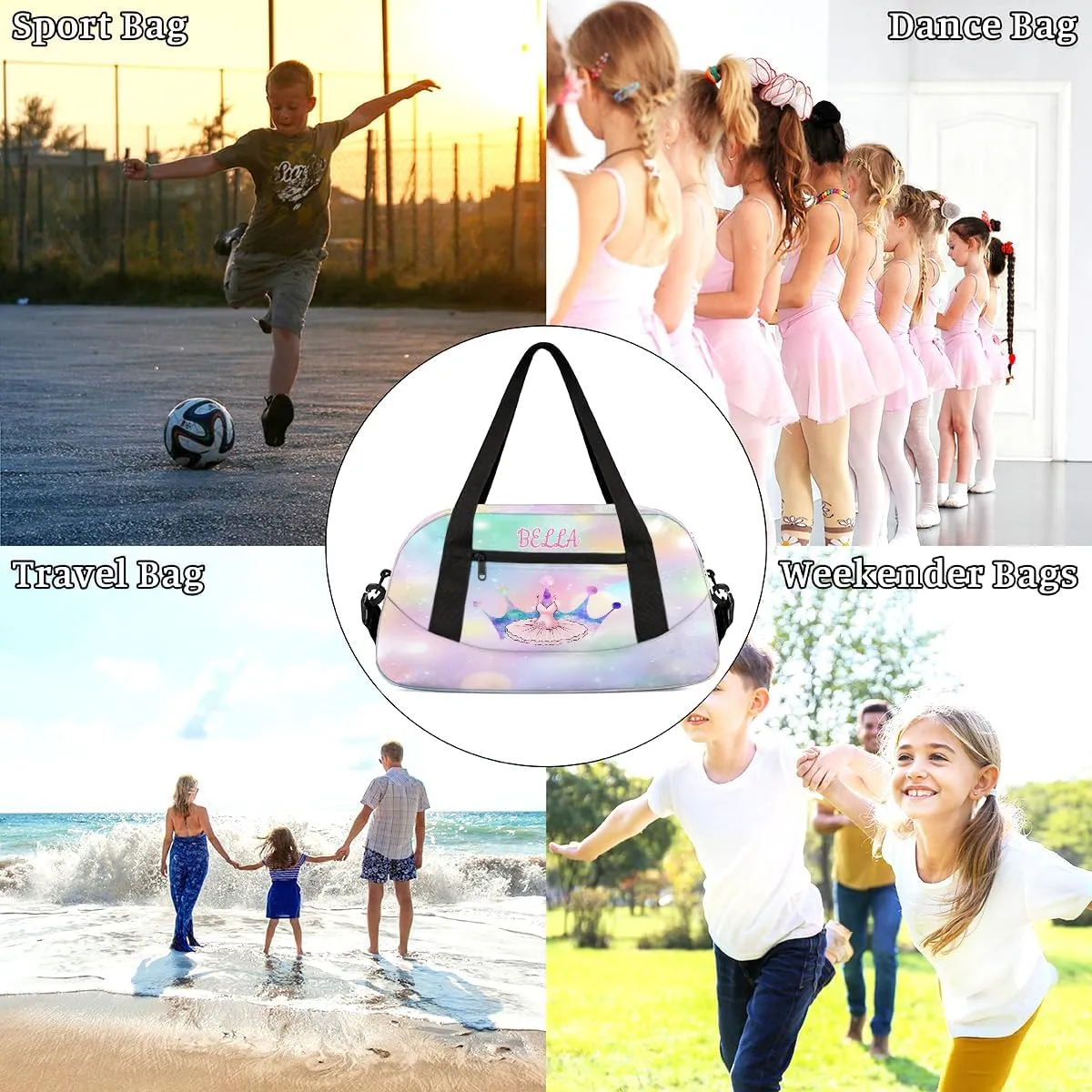 Custom Kids Sports Duffel Bag Rainbow Pastel Bokeh Ballet Dance Personalized Dance Gym Bag for Boys Girls Lightweight Weekender Travel Duffle Cheer Bag