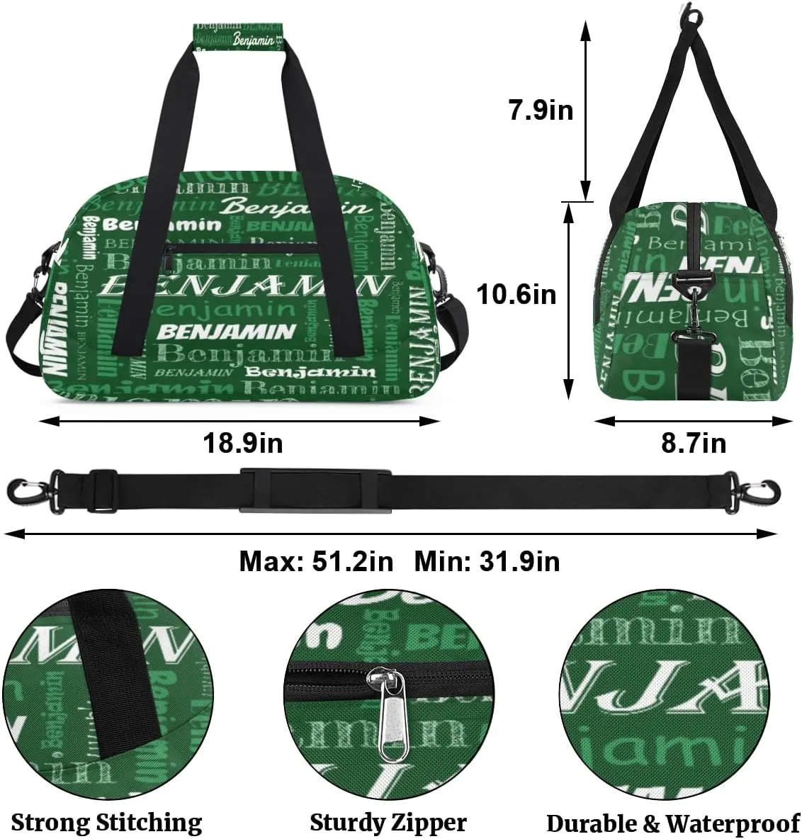 Custom Name Kids Gym Sport Bag for Boys Girls, Personalized Gymnastics Ballet Dance Bag Customized Small Duffel Travel Bag Teen Weekender Overnight Bag, Green Blue Text