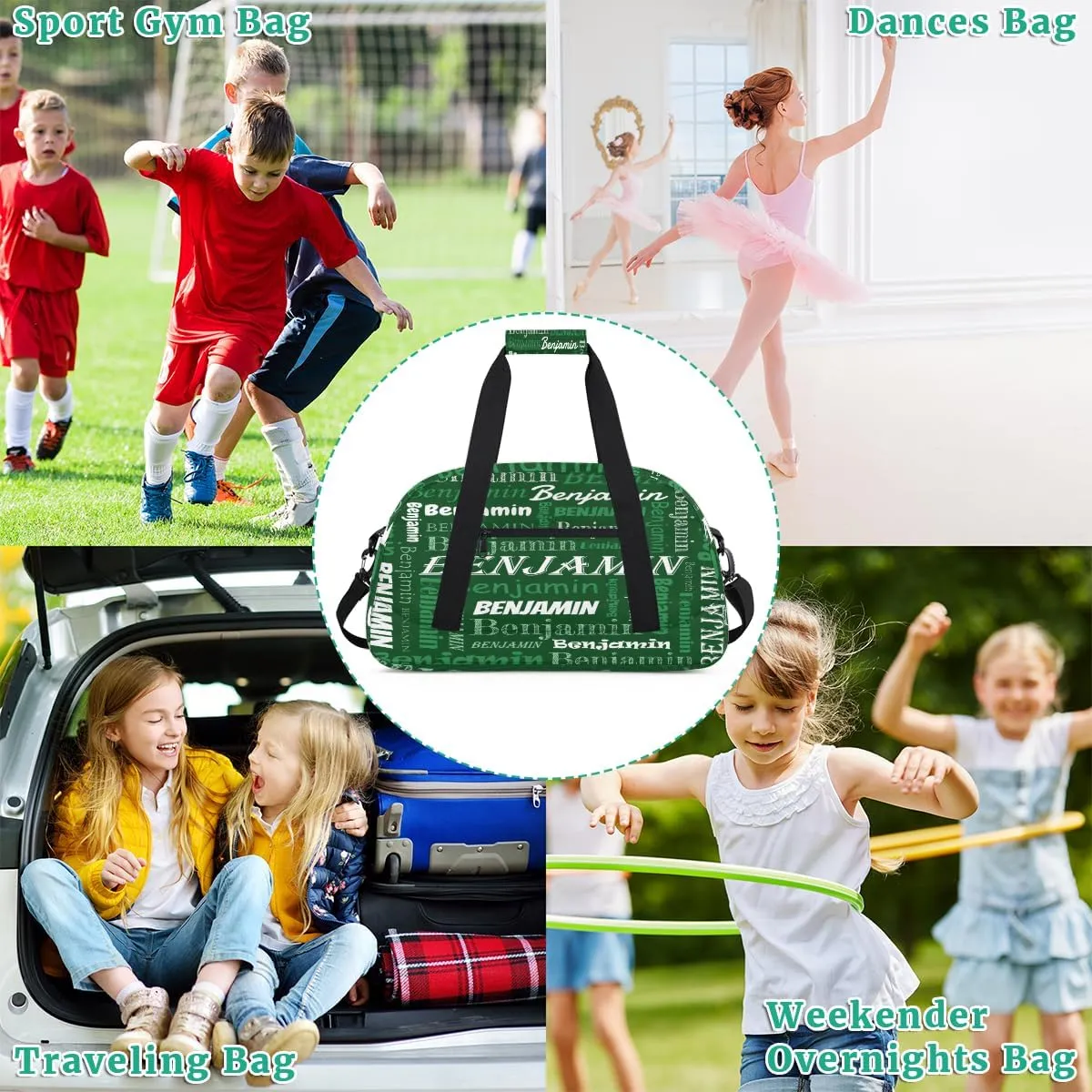 Custom Name Kids Gym Sport Bag for Boys Girls, Personalized Gymnastics Ballet Dance Bag Customized Small Duffel Travel Bag Teen Weekender Overnight Bag, Green Blue Text