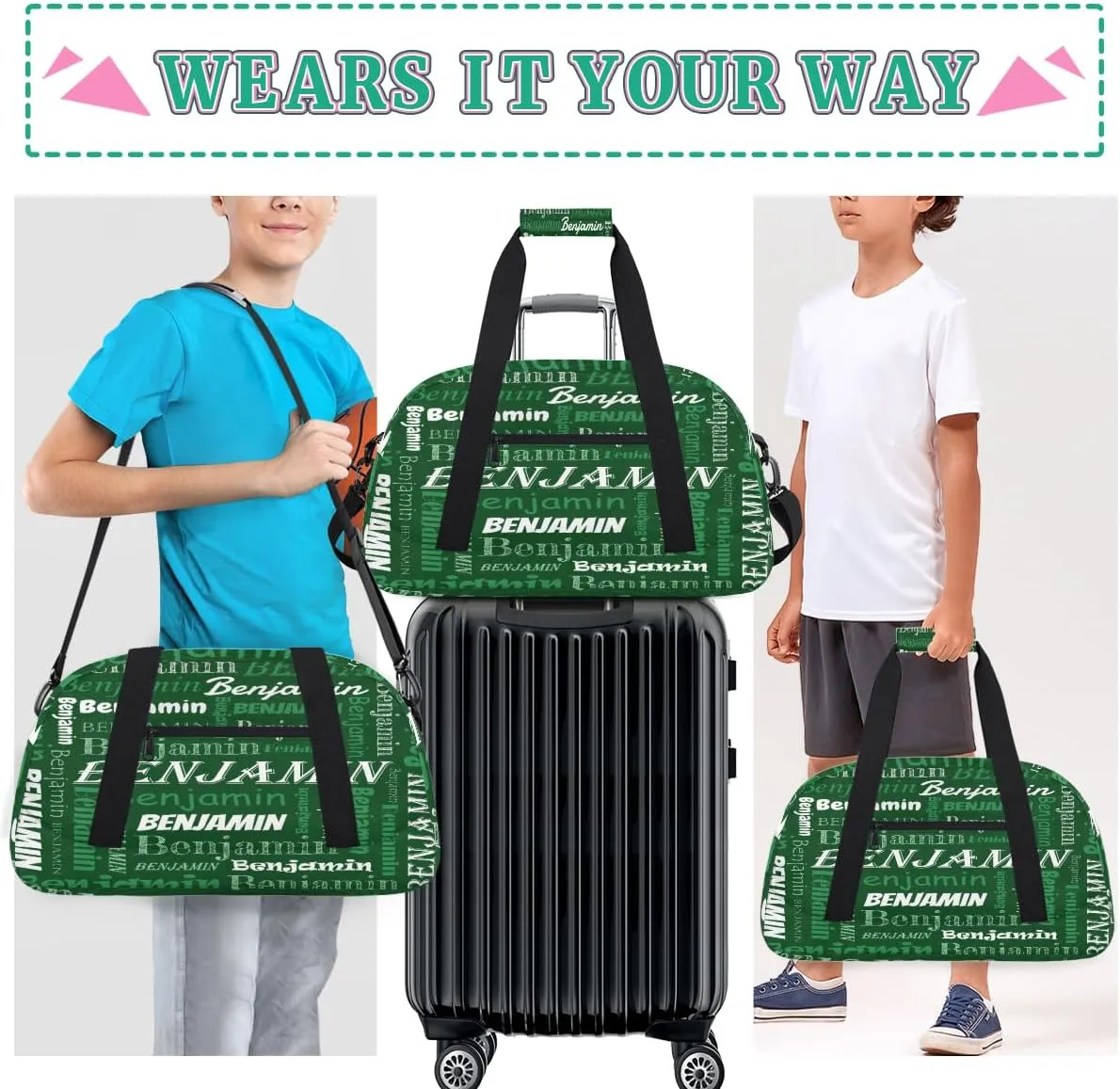 Custom Name Kids Gym Sport Bag for Boys Girls, Personalized Gymnastics Ballet Dance Bag Customized Small Duffel Travel Bag Teen Weekender Overnight Bag, Green Blue Text
