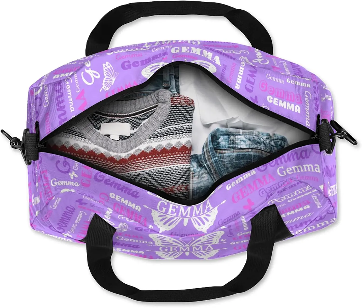 Custom Sport Duffel Bag with Name Butterfly Travel Overnight Bag for Women Men Waterproof Dance Ballet Bag Lightweight 18.5in, Light Purple