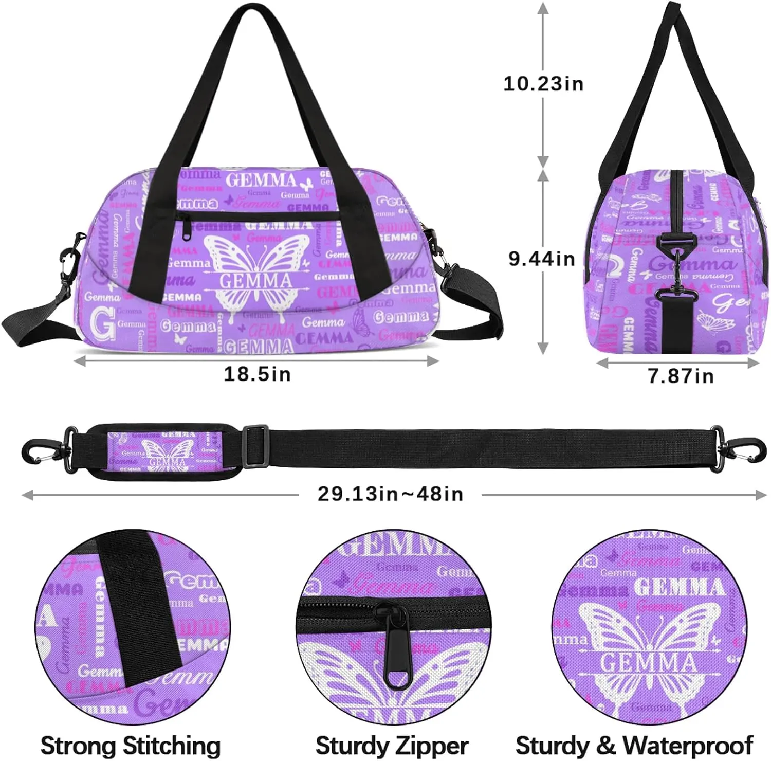 Custom Sport Duffel Bag with Name Butterfly Travel Overnight Bag for Women Men Waterproof Dance Ballet Bag Lightweight 18.5in, Light Purple