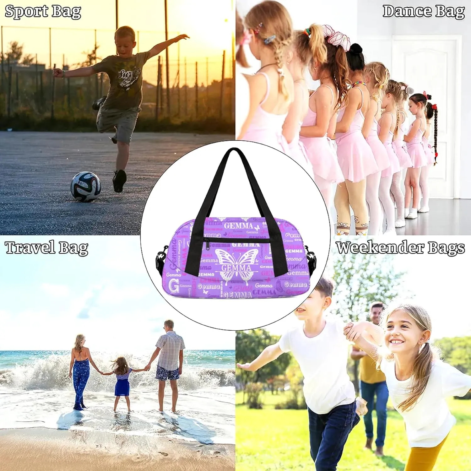 Custom Sport Duffel Bag with Name Butterfly Travel Overnight Bag for Women Men Waterproof Dance Ballet Bag Lightweight 18.5in, Light Purple