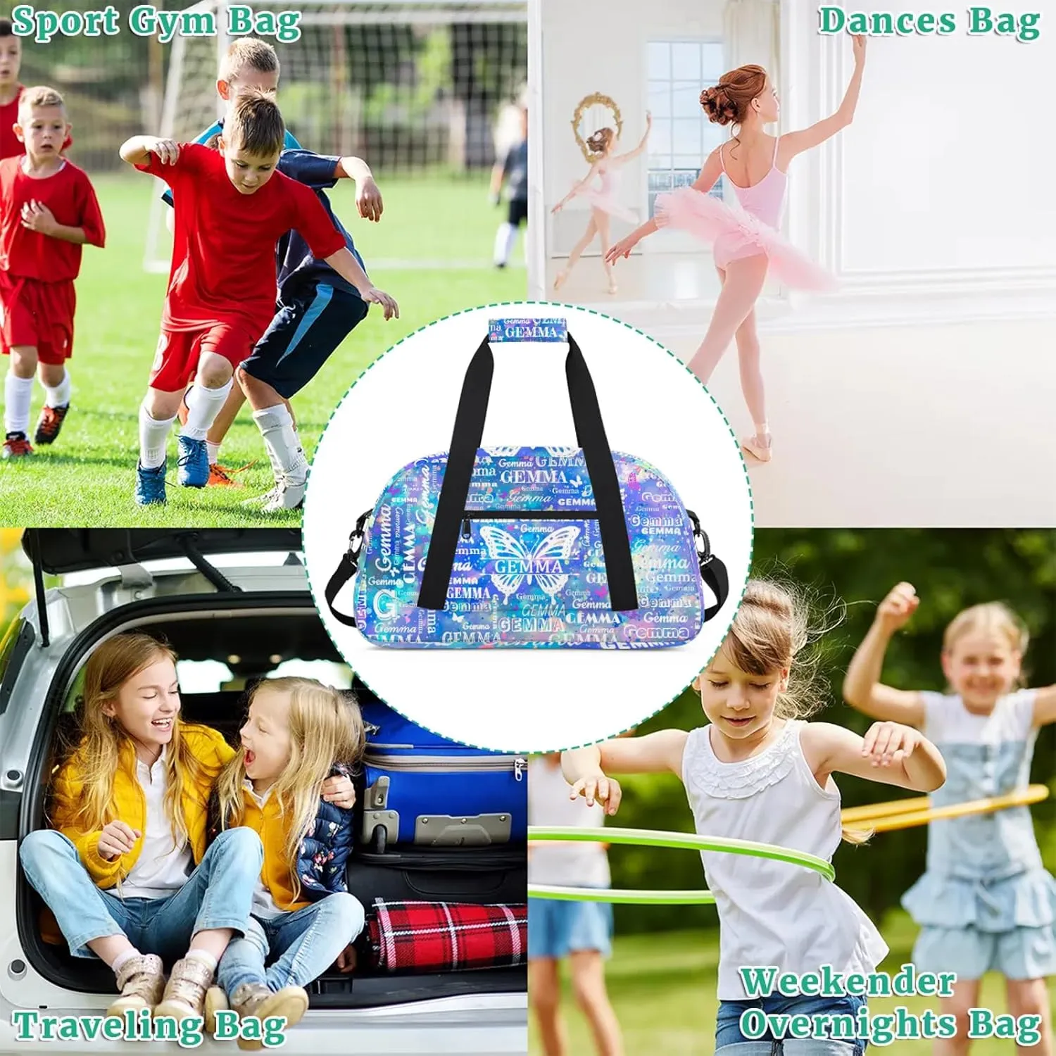 Custom Sport Duffel Bag with Name Butterfly Travel Overnight Bag for Women Men Waterproof Dance Ballet Bag Lightweight 18.9in, Blue
