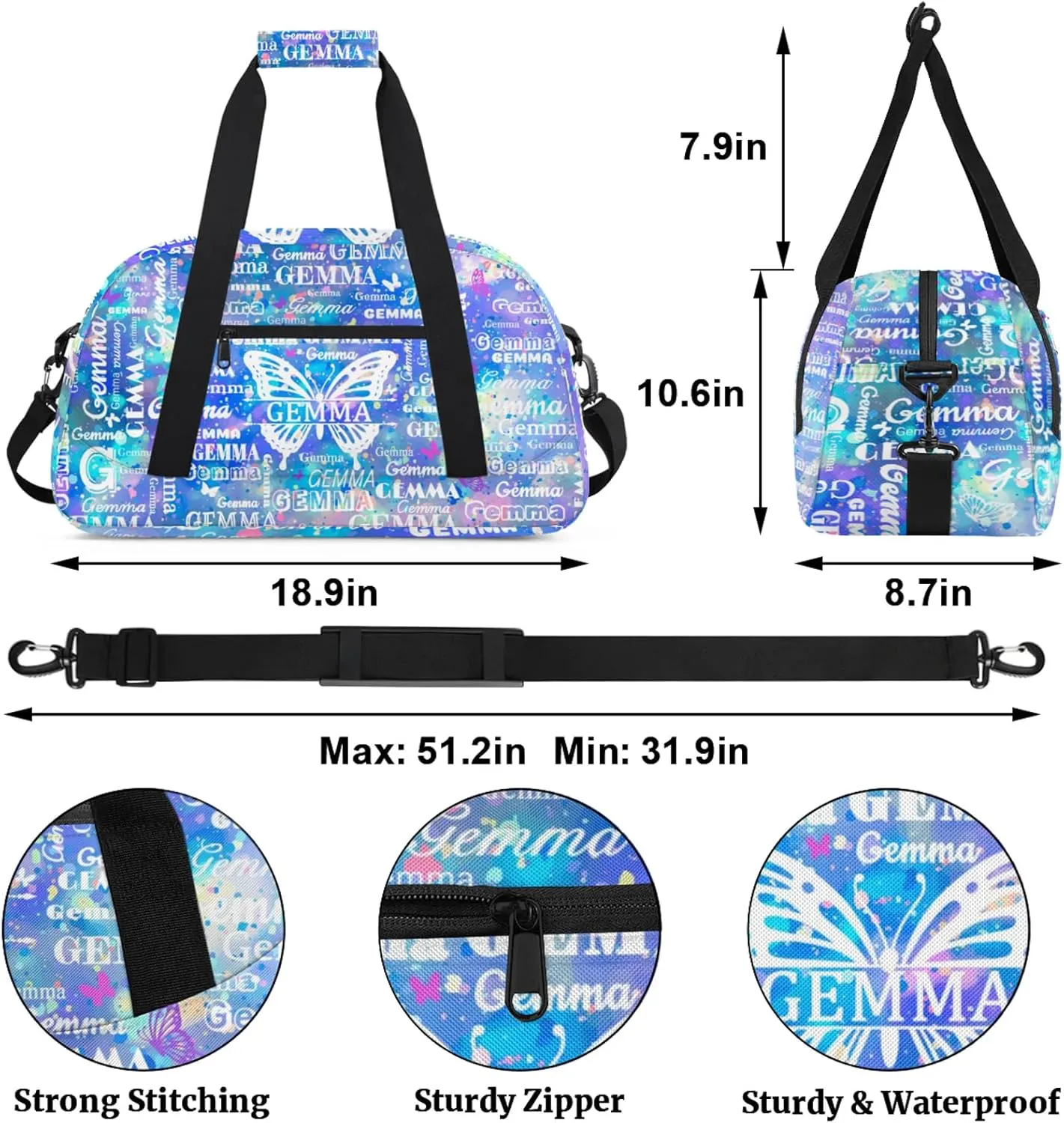 Custom Sport Duffel Bag with Name Butterfly Travel Overnight Bag for Women Men Waterproof Dance Ballet Bag Lightweight 18.9in, Blue