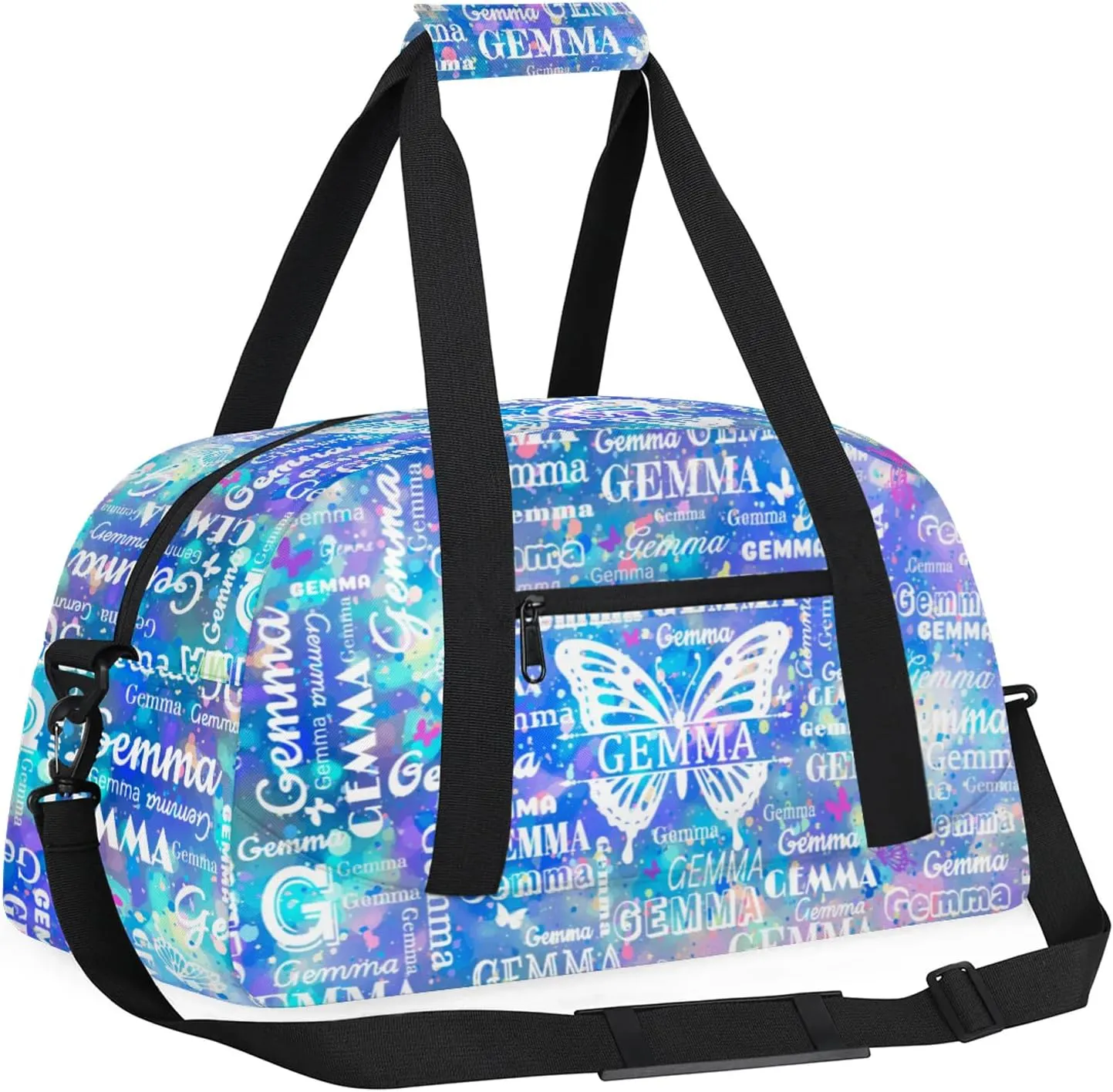 Custom Sport Duffel Bag with Name Butterfly Travel Overnight Bag for Women Men Waterproof Dance Ballet Bag Lightweight 18.9in, Blue