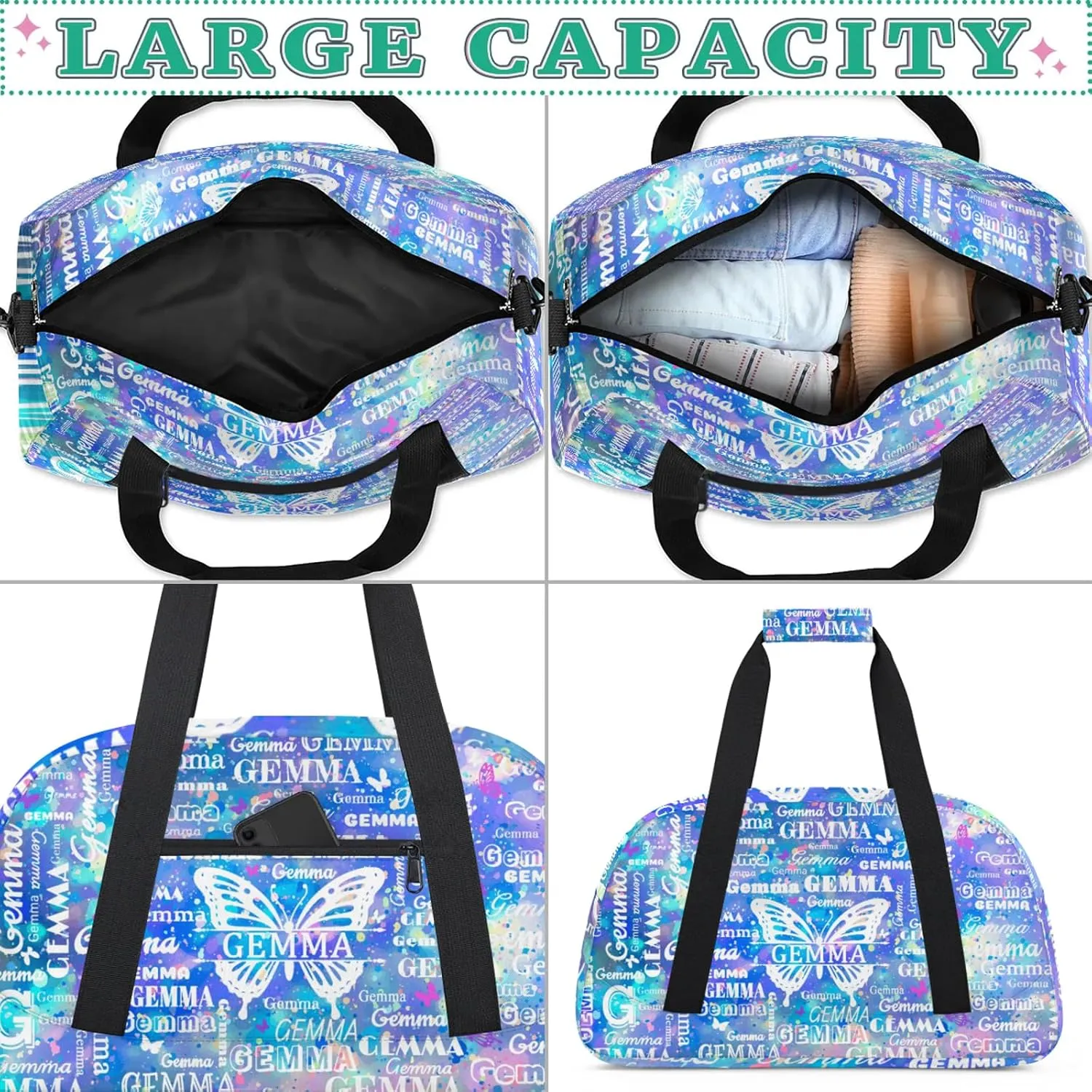Custom Sport Duffel Bag with Name Butterfly Travel Overnight Bag for Women Men Waterproof Dance Ballet Bag Lightweight 18.9in, Blue