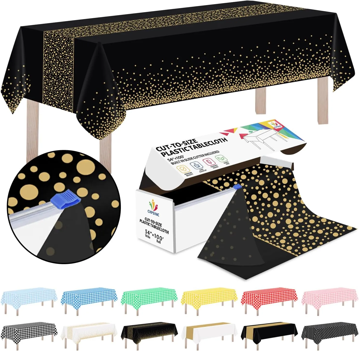CXPSINC Plastic Table Cover Roll with Slide Cutter, Disposable Tablecloth Roll for Picnic, Party, Banquet, Birthdays, Weddings (Black & Gold Dot Runner, 54 Inch X 100 Feet)