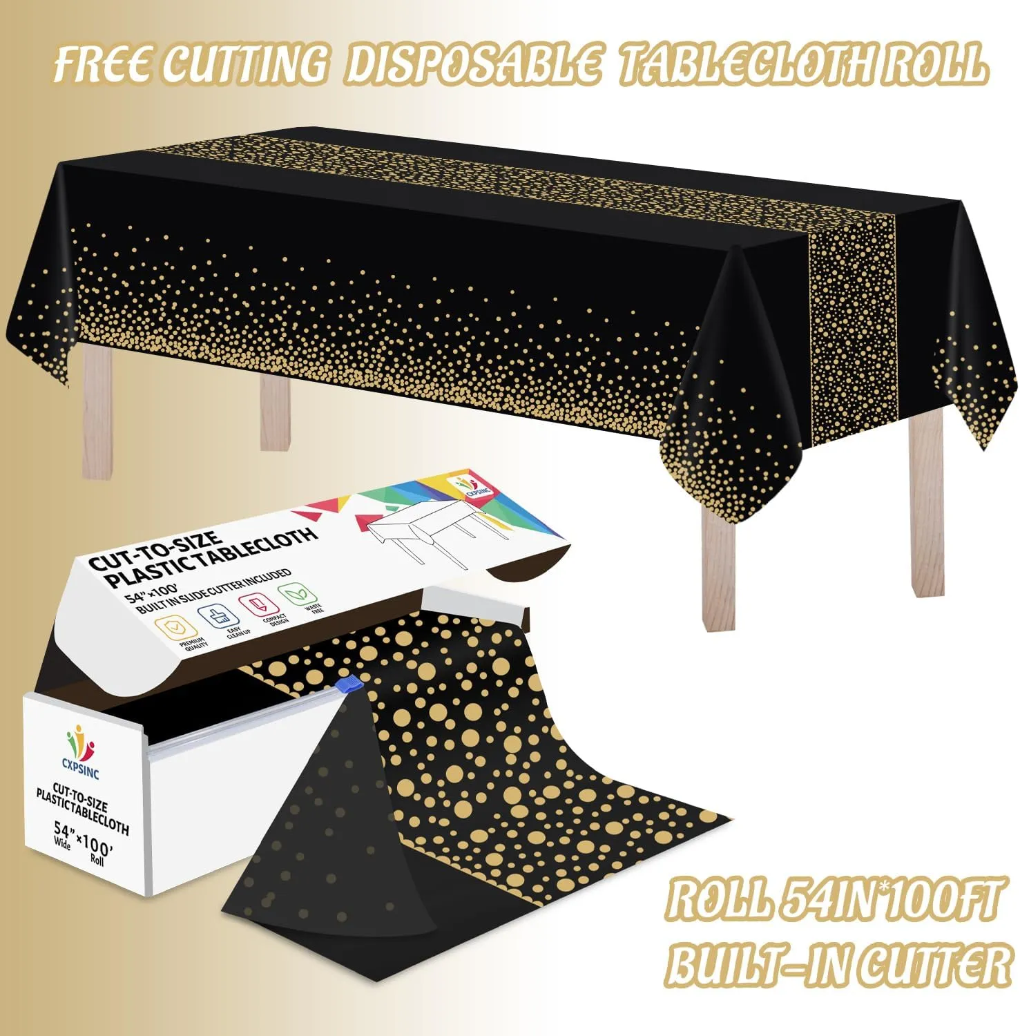 CXPSINC Plastic Table Cover Roll with Slide Cutter, Disposable Tablecloth Roll for Picnic, Party, Banquet, Birthdays, Weddings (Black & Gold Dot Runner, 54 Inch X 100 Feet)