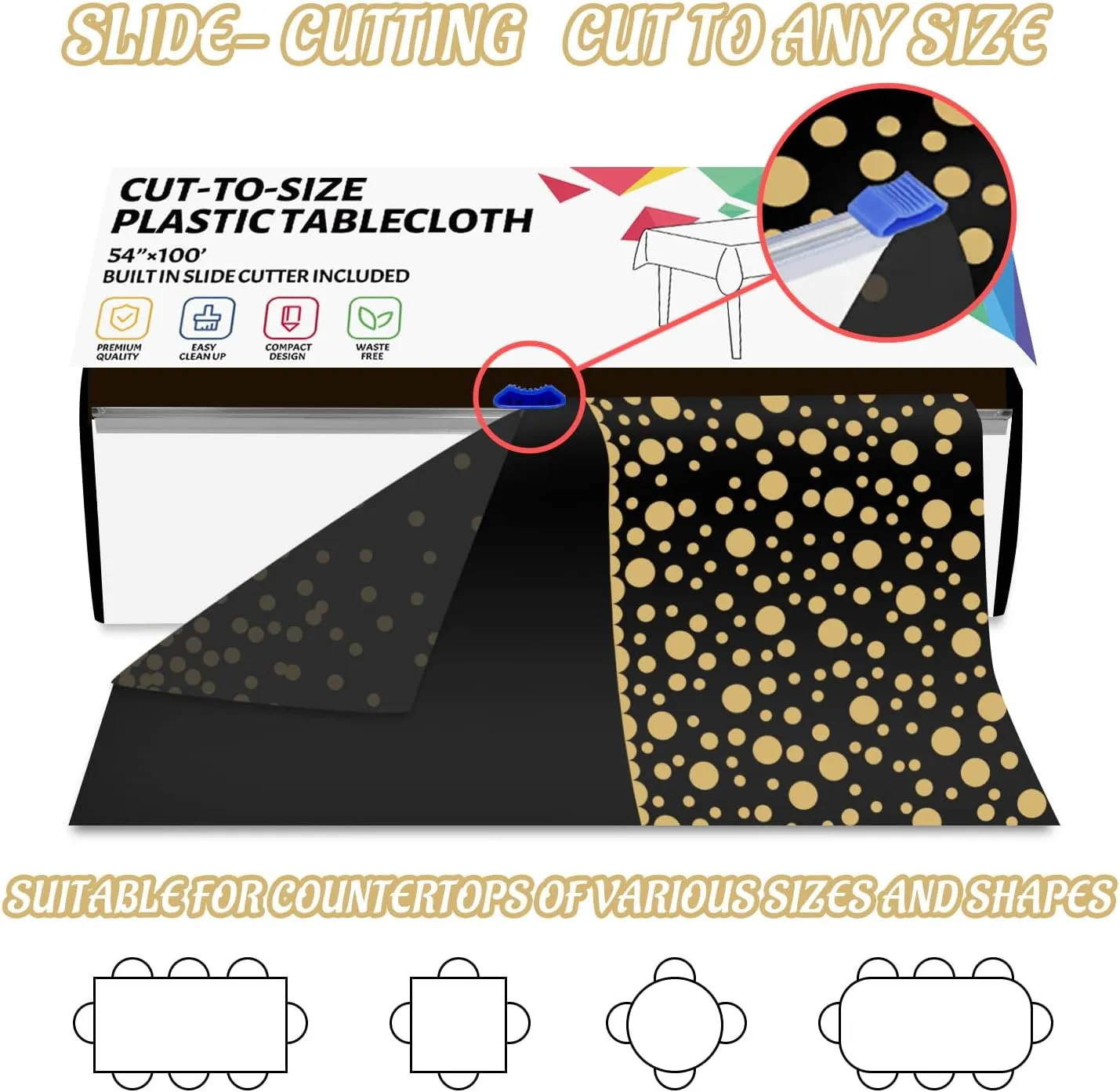 CXPSINC Plastic Table Cover Roll with Slide Cutter, Disposable Tablecloth Roll for Picnic, Party, Banquet, Birthdays, Weddings (Black & Gold Dot Runner, 54 Inch X 100 Feet)