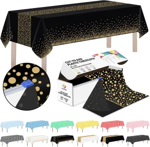 CXPSINC Plastic Table Cover Roll with Slide Cutter, Disposable Tablecloth Roll for Picnic, Party, Banquet, Birthdays, Weddings (Black & Gold Dot Runner, 54 Inch X 100 Feet)