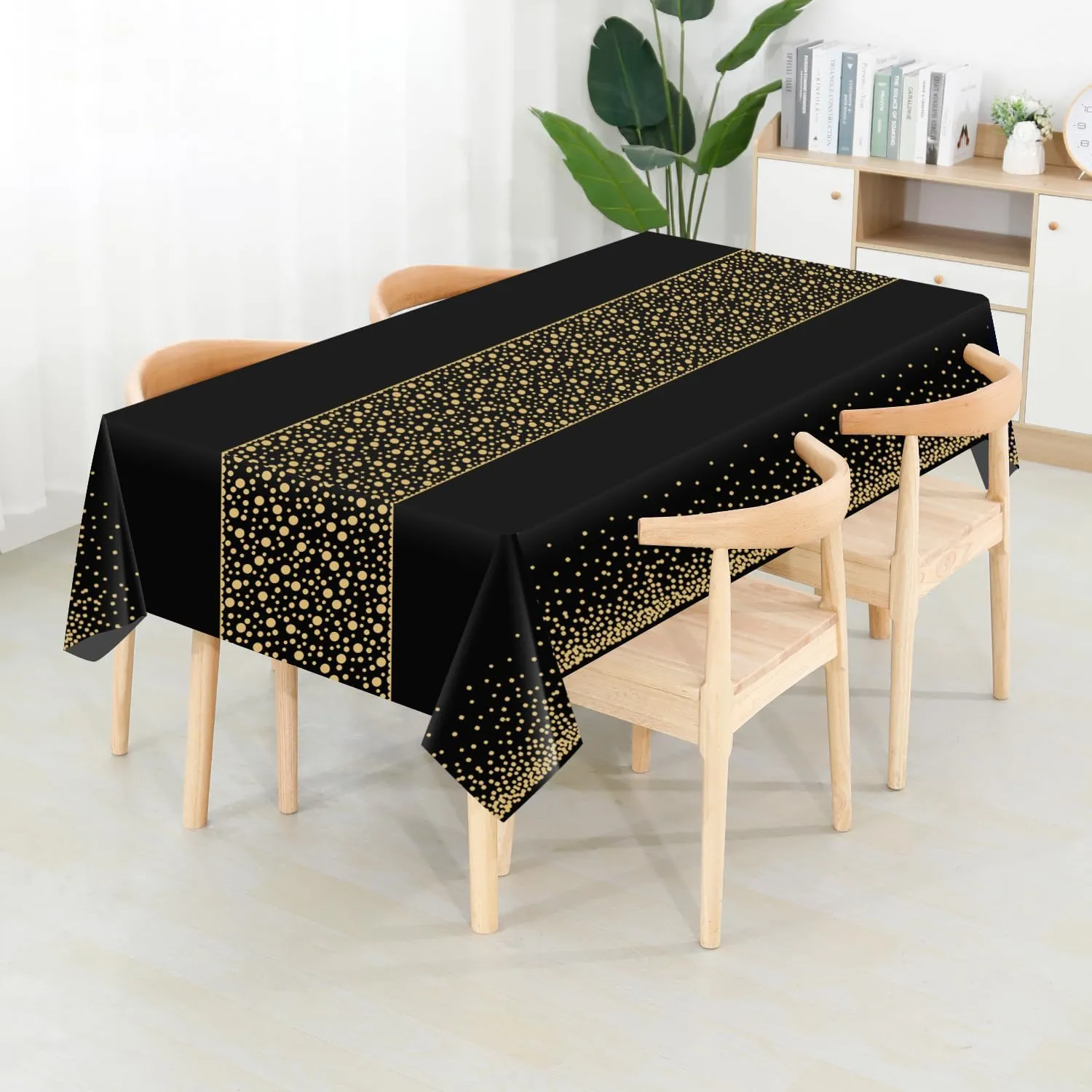 CXPSINC Plastic Table Cover Roll with Slide Cutter, Disposable Tablecloth Roll for Picnic, Party, Banquet, Birthdays, Weddings (Black & Gold Dot Runner, 54 Inch X 100 Feet)