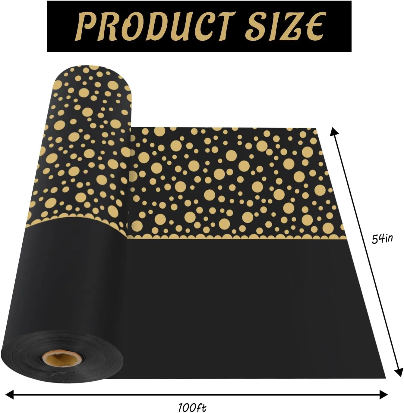 CXPSINC Plastic Table Cover Roll with Slide Cutter, Disposable Tablecloth Roll for Picnic, Party, Banquet, Birthdays, Weddings (Black & Gold Dot Runner, 54 Inch X 100 Feet)
