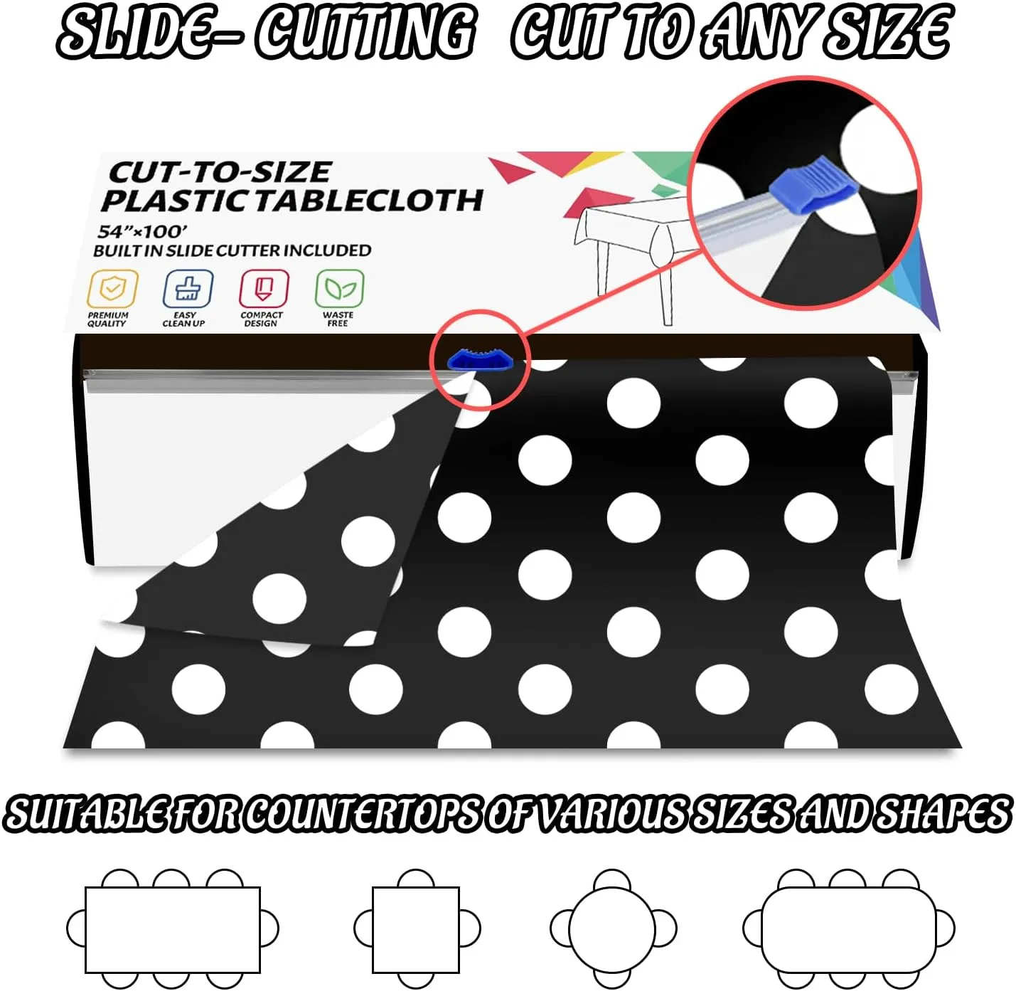 CXPSINC Plastic Table Cover Roll with Slide Cutter, Disposable Tablecloth Roll for Picnic, Party, Banquet, Birthdays, Weddings (Black & White Dot, 54 Inch X 100 Feet)