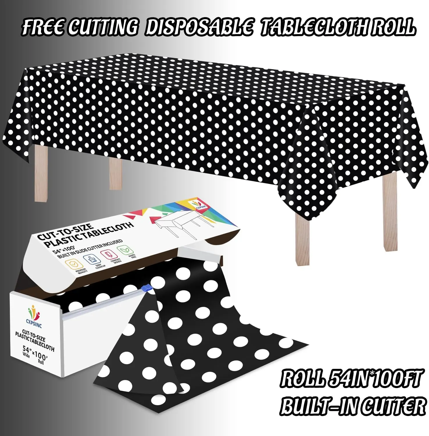 CXPSINC Plastic Table Cover Roll with Slide Cutter, Disposable Tablecloth Roll for Picnic, Party, Banquet, Birthdays, Weddings (Black & White Dot, 54 Inch X 100 Feet)