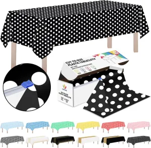CXPSINC Plastic Table Cover Roll with Slide Cutter, Disposable Tablecloth Roll for Picnic, Party, Banquet, Birthdays, Weddings (Black & White Dot, 54 Inch X 100 Feet)