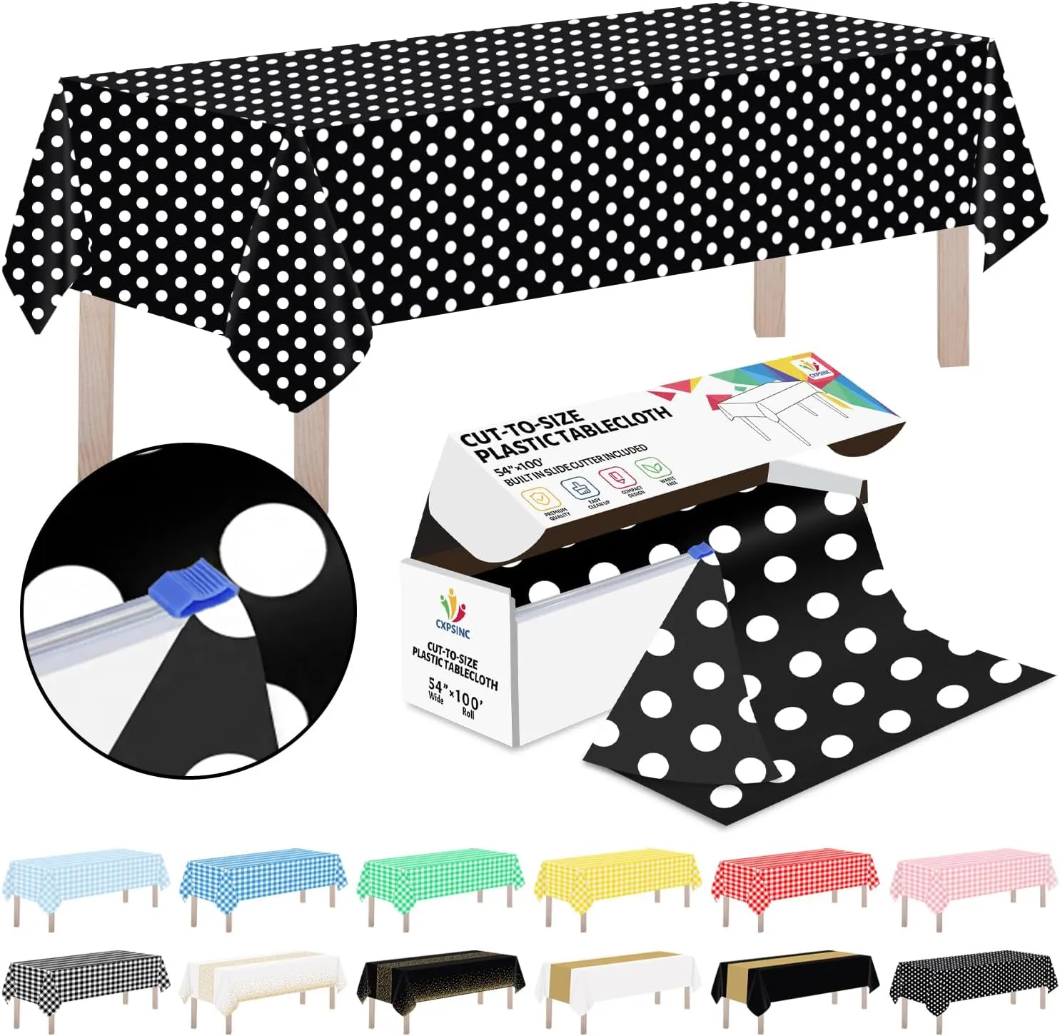 CXPSINC Plastic Table Cover Roll with Slide Cutter, Disposable Tablecloth Roll for Picnic, Party, Banquet, Birthdays, Weddings (Black & White Dot, 54 Inch X 100 Feet)