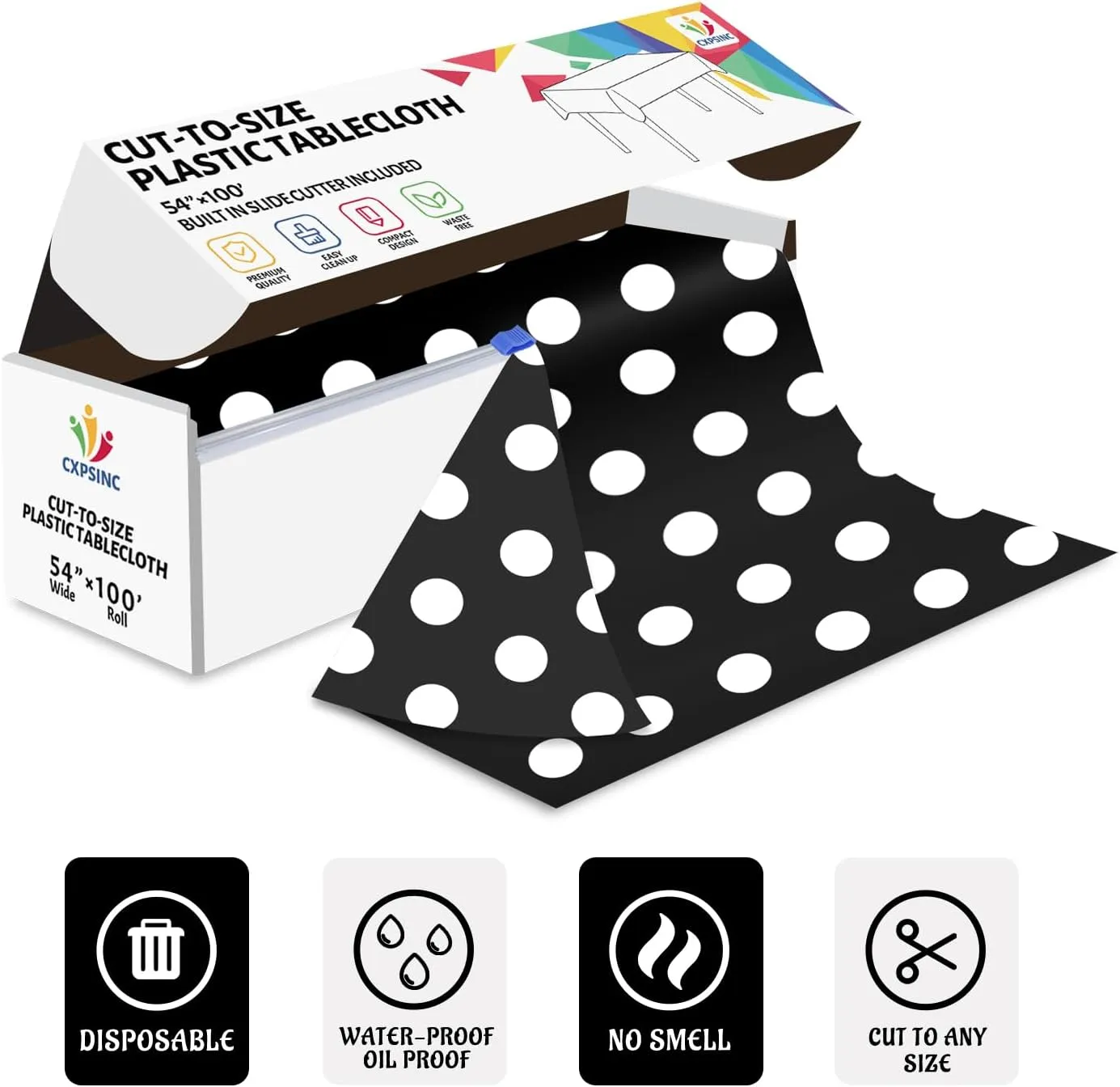 CXPSINC Plastic Table Cover Roll with Slide Cutter, Disposable Tablecloth Roll for Picnic, Party, Banquet, Birthdays, Weddings (Black & White Dot, 54 Inch X 100 Feet)