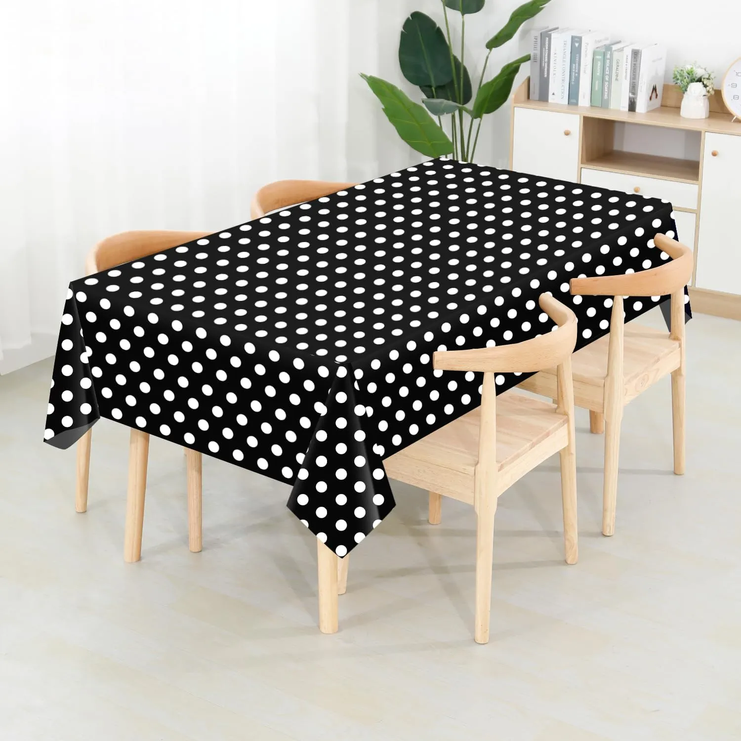 CXPSINC Plastic Table Cover Roll with Slide Cutter, Disposable Tablecloth Roll for Picnic, Party, Banquet, Birthdays, Weddings (Black & White Dot, 54 Inch X 100 Feet)
