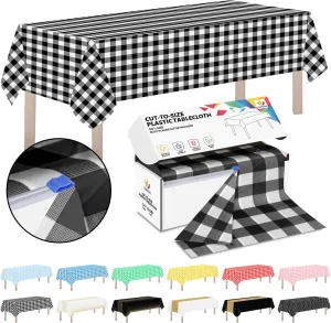 CXPSINC Plastic Table Cover Roll with Slide Cutter, Disposable Tablecloth Roll for Picnic, Party, Banquet, Birthdays, Weddings (Black Checkered, 54 Inch X 300 Feet)