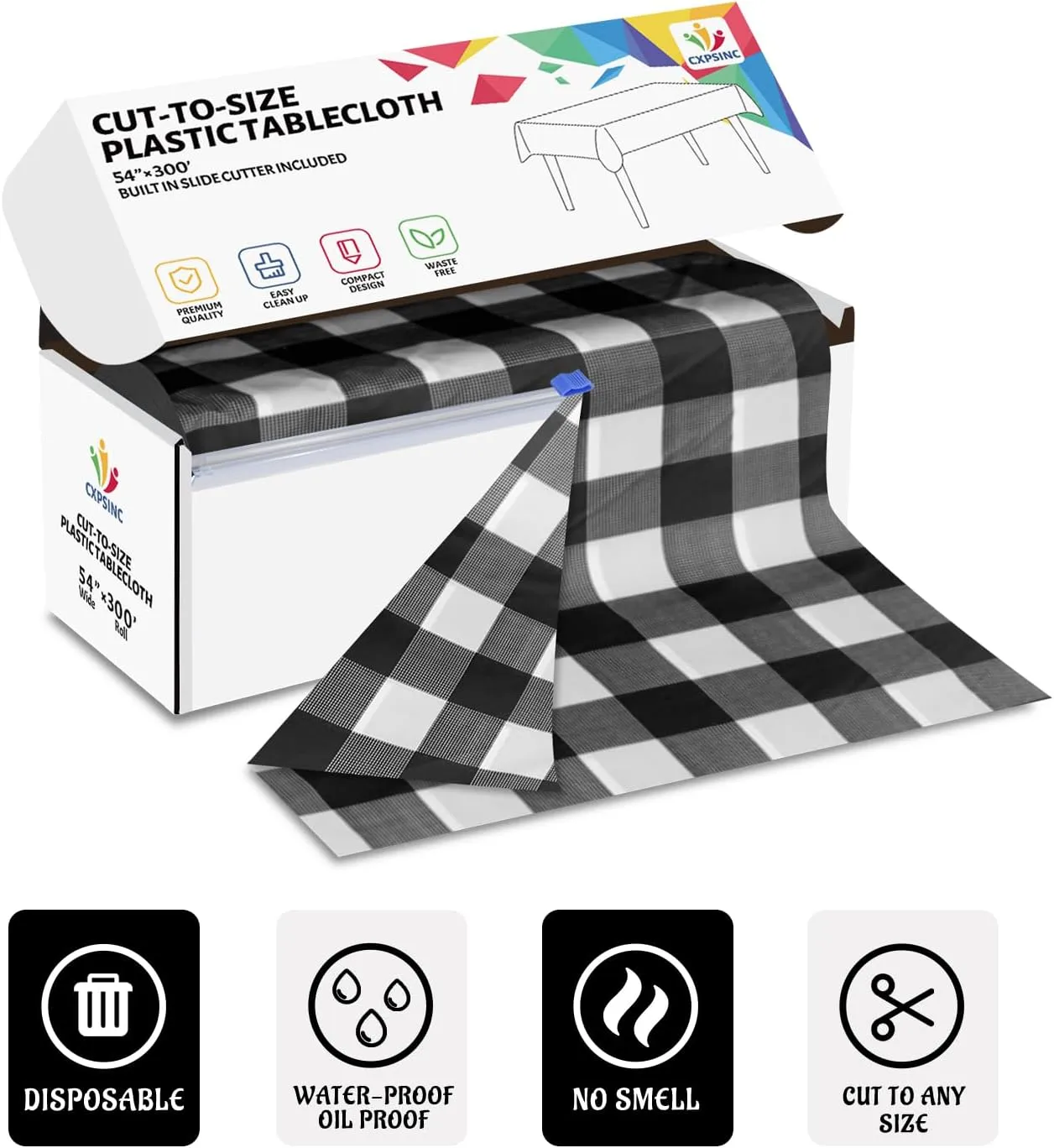 CXPSINC Plastic Table Cover Roll with Slide Cutter, Disposable Tablecloth Roll for Picnic, Party, Banquet, Birthdays, Weddings (Black Checkered, 54 Inch X 300 Feet)
