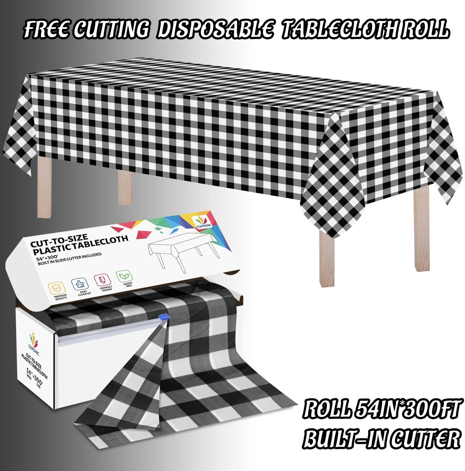 CXPSINC Plastic Table Cover Roll with Slide Cutter, Disposable Tablecloth Roll for Picnic, Party, Banquet, Birthdays, Weddings (Black Checkered, 54 Inch X 300 Feet)