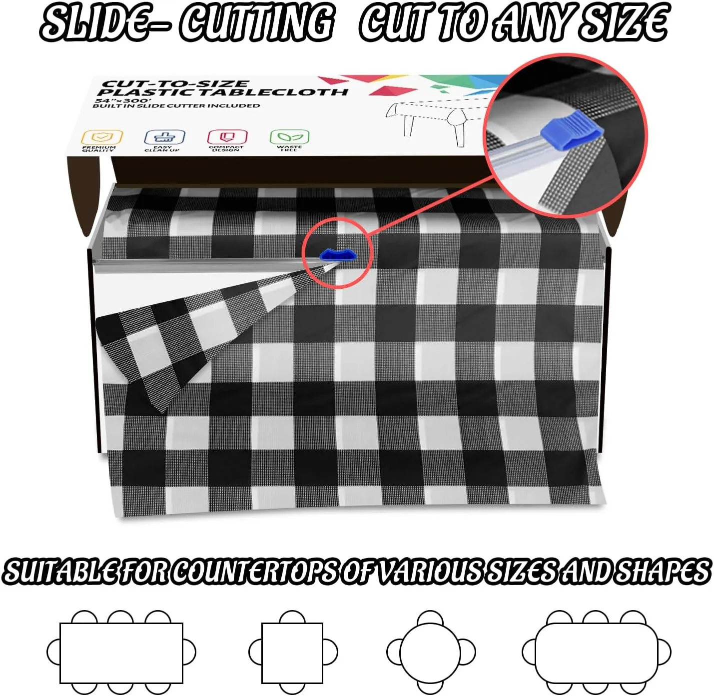 CXPSINC Plastic Table Cover Roll with Slide Cutter, Disposable Tablecloth Roll for Picnic, Party, Banquet, Birthdays, Weddings (Black Checkered, 54 Inch X 300 Feet)