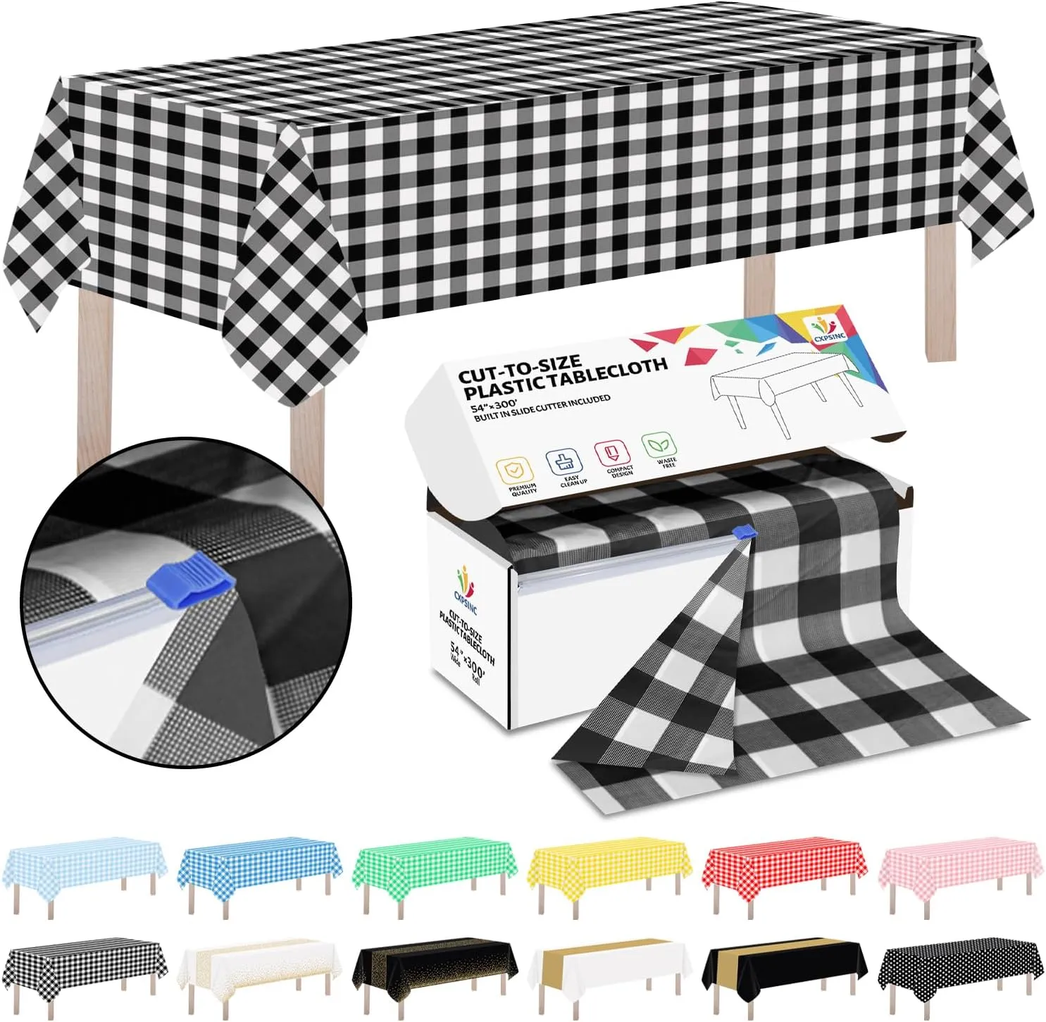 CXPSINC Plastic Table Cover Roll with Slide Cutter, Disposable Tablecloth Roll for Picnic, Party, Banquet, Birthdays, Weddings (Black Checkered, 54 Inch X 300 Feet)