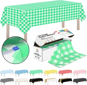 CXPSINC Plastic Table Cover Roll with Slide Cutter, Disposable Tablecloth Roll for Picnic, Party, Banquet, Birthdays, Weddings (Green Checkered, 54 Inch X 100 Feet)