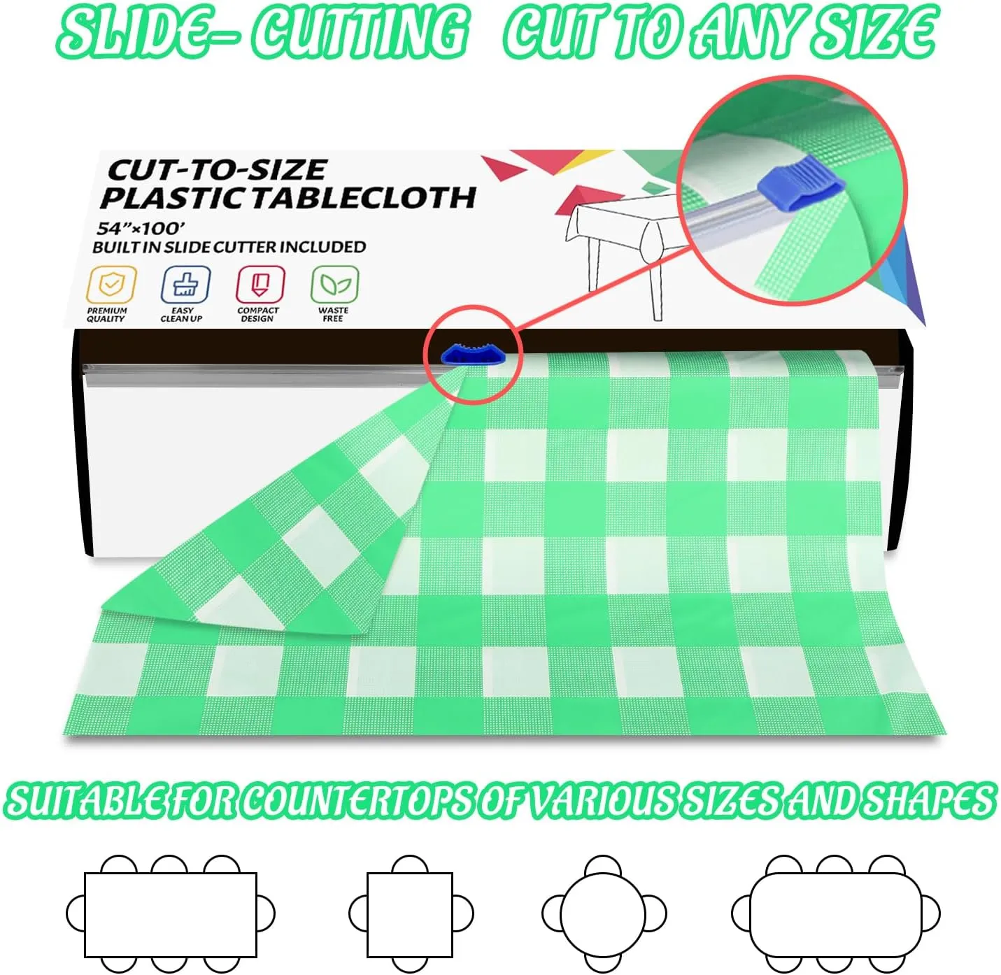 CXPSINC Plastic Table Cover Roll with Slide Cutter, Disposable Tablecloth Roll for Picnic, Party, Banquet, Birthdays, Weddings (Green Checkered, 54 Inch X 100 Feet)