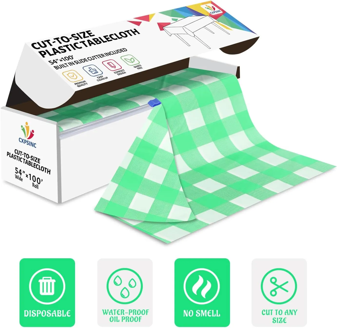 CXPSINC Plastic Table Cover Roll with Slide Cutter, Disposable Tablecloth Roll for Picnic, Party, Banquet, Birthdays, Weddings (Green Checkered, 54 Inch X 100 Feet)