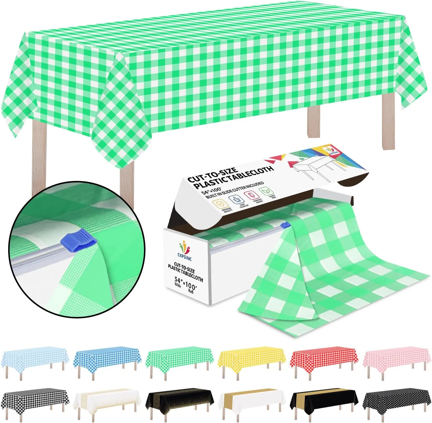 CXPSINC Plastic Table Cover Roll with Slide Cutter, Disposable Tablecloth Roll for Picnic, Party, Banquet, Birthdays, Weddings (Green Checkered, 54 Inch X 100 Feet)