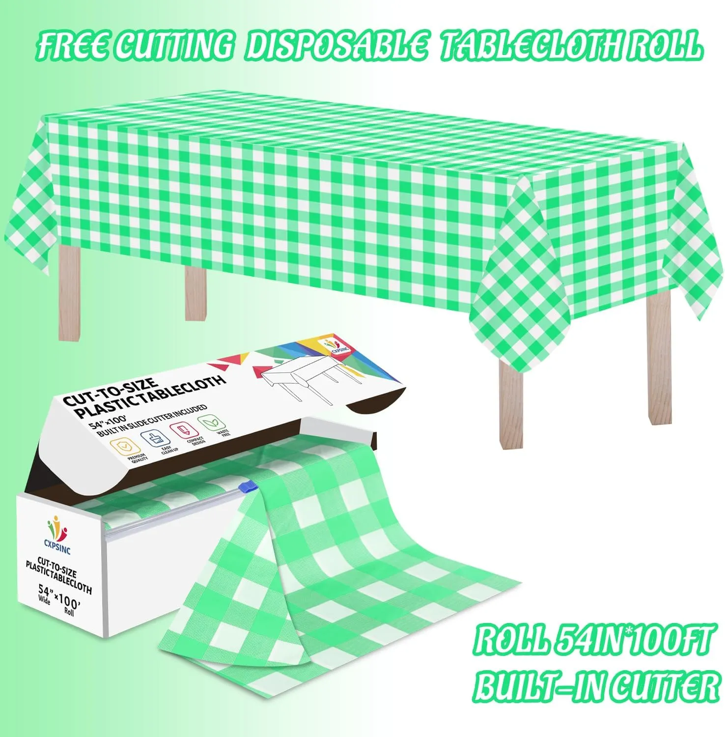 CXPSINC Plastic Table Cover Roll with Slide Cutter, Disposable Tablecloth Roll for Picnic, Party, Banquet, Birthdays, Weddings (Green Checkered, 54 Inch X 100 Feet)