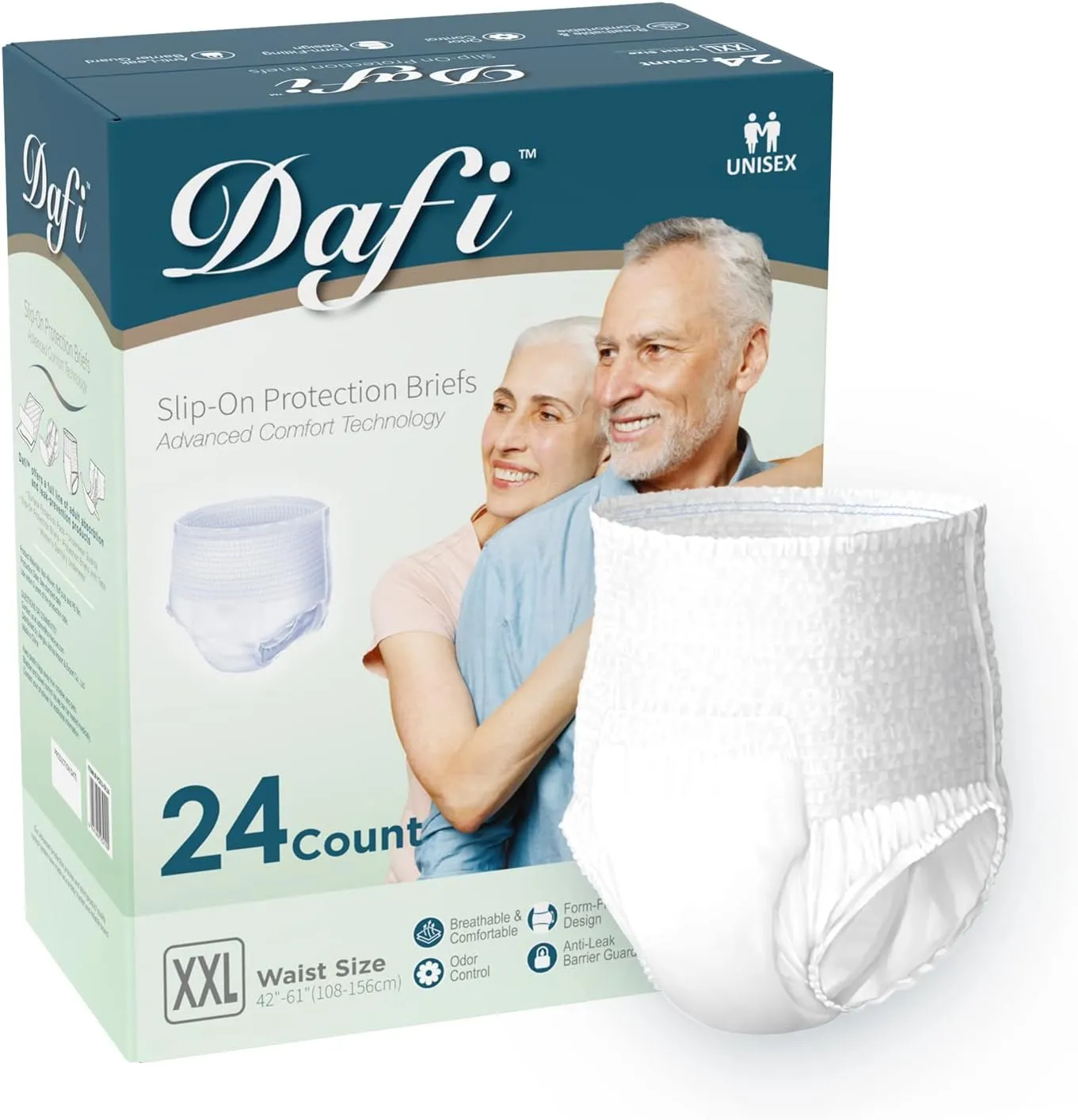 DAFI Adult Incontinence Underwear for Women & Men, XXL/24 Count Overnight Bladder Control Underwear Disposable Pull Ups, Slip-On Protection Briefs