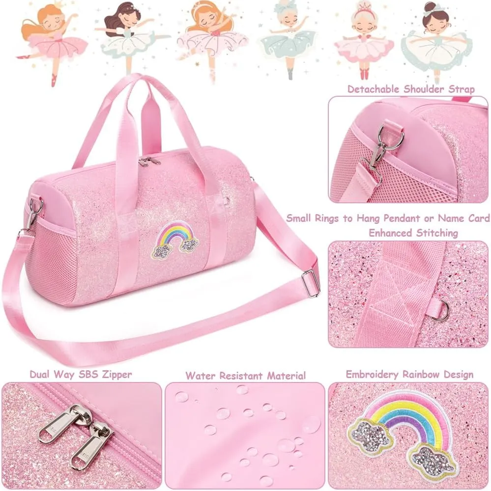 Dance Bag for Girls Ballet Bag Shiny Rainbow Glitter Sports Duffle Bag for Kids Girls Ballerina Duffle with Waterproof Dry Wet Separated Compartment