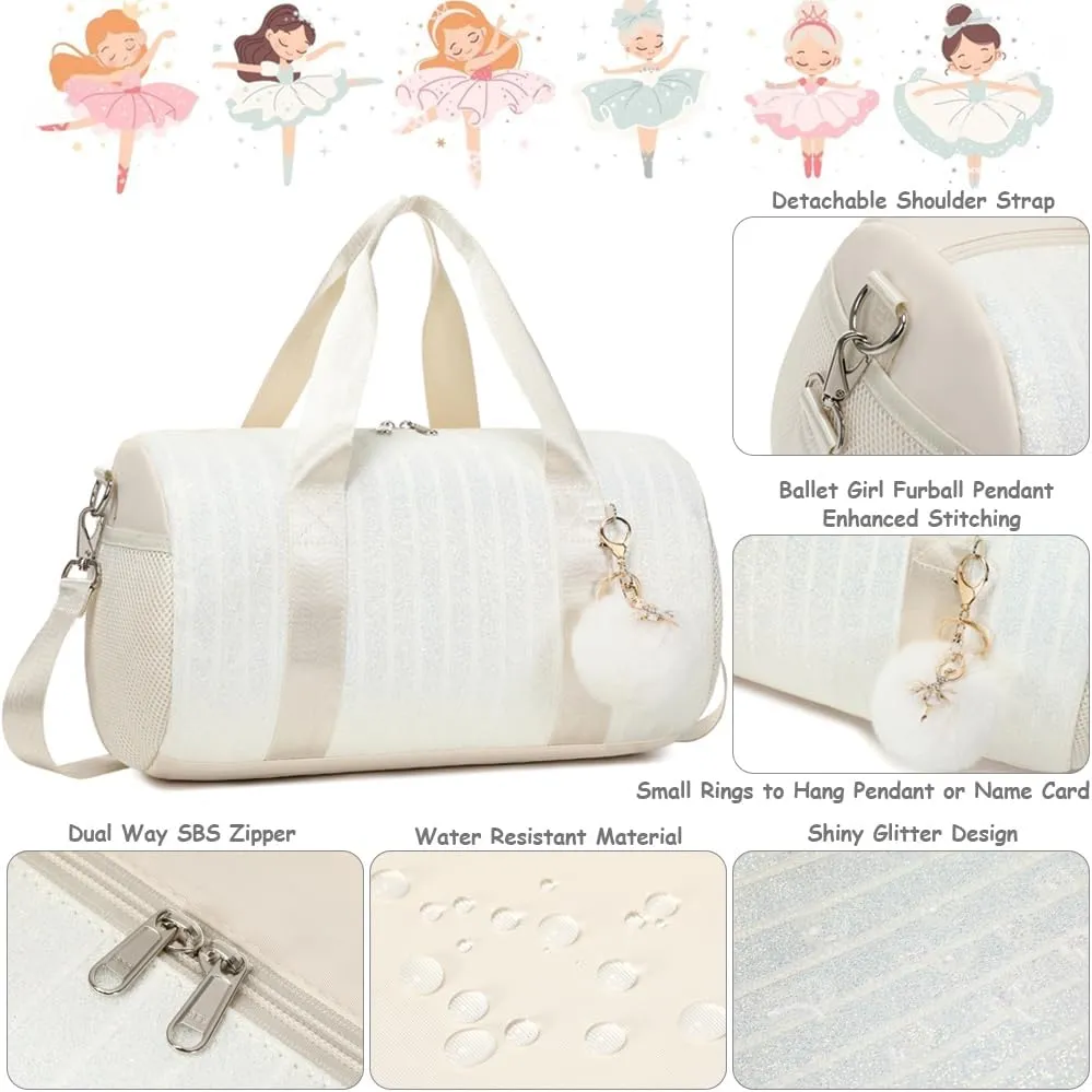 Dance Bag for Girls Dancers Ballet Bag Shiny Glitter Sports Gym Duffle for Little Girls Ballerina Duffel with Shoulder Strap and Furball Pendant