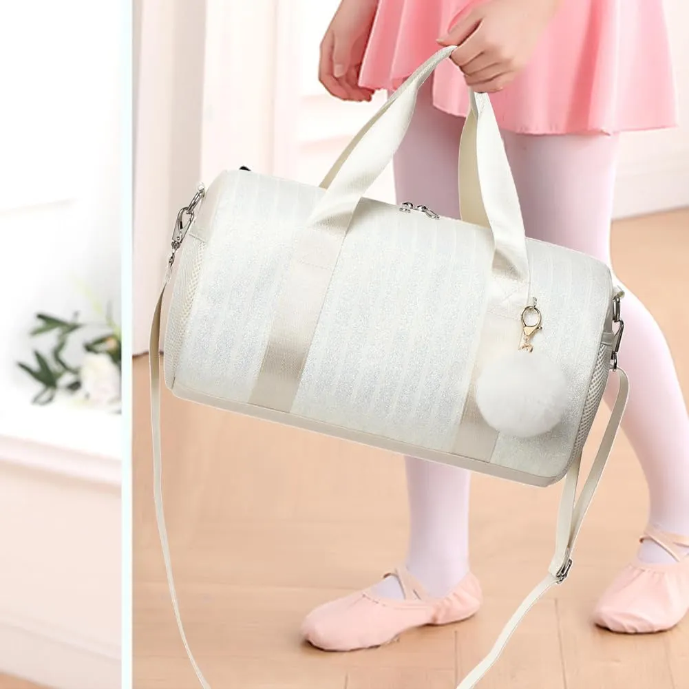 Dance Bag for Girls Dancers Ballet Bag Shiny Glitter Sports Gym Duffle for Little Girls Ballerina Duffel with Shoulder Strap and Furball Pendant