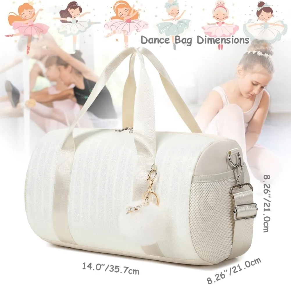 Dance Bag for Girls Dancers Ballet Bag Shiny Glitter Sports Gym Duffle for Little Girls Ballerina Duffel with Shoulder Strap and Furball Pendant