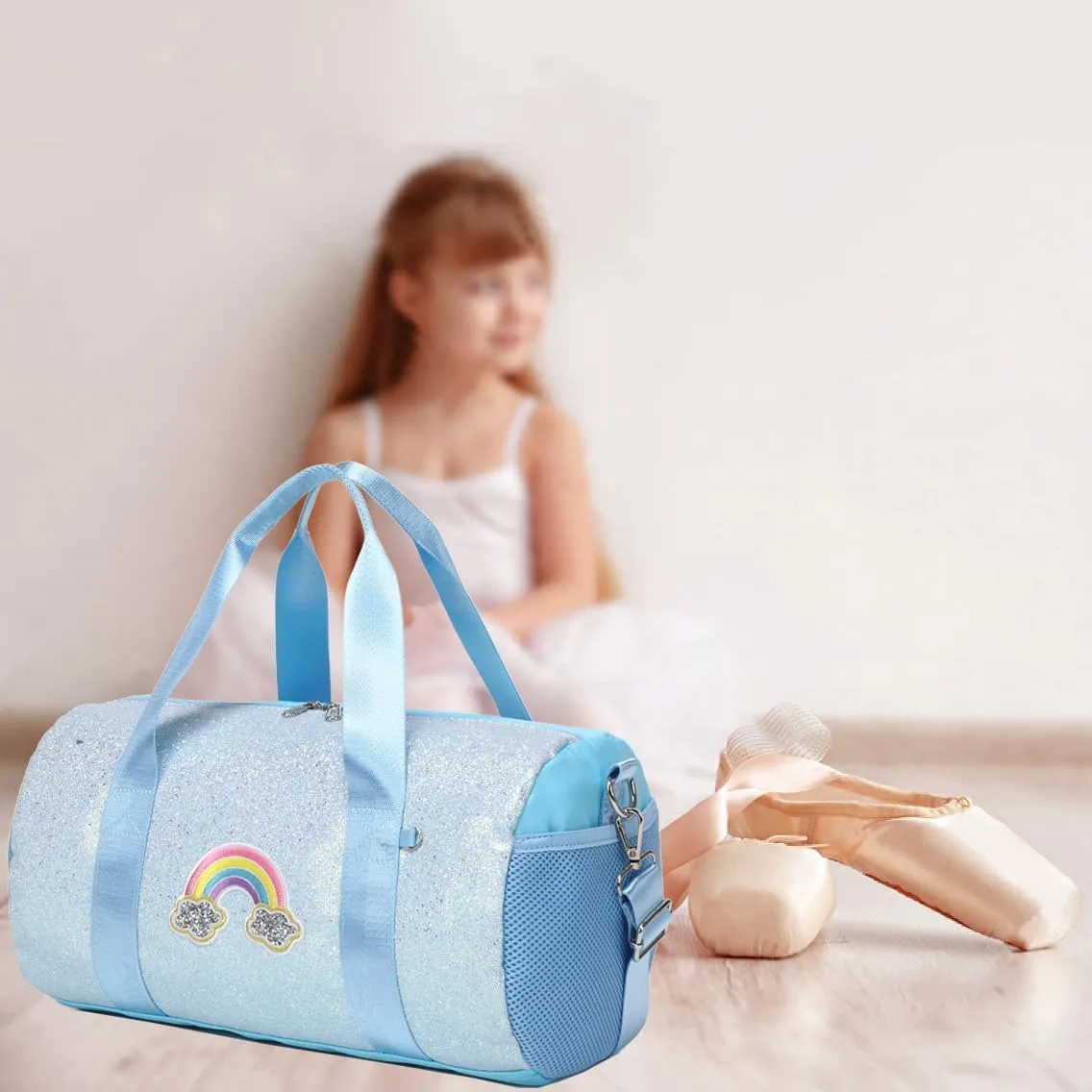 Dance Bag for Girls Rainbow Ballet Bag Shiny Glitter Ballerina Duffle Bag for Girls Crossbody Gym Duffle Bag with Waterproof Wet Pocket