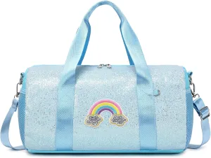 Dance Bag for Girls Rainbow Ballet Bag Shiny Glitter Ballerina Duffle Bag for Girls Crossbody Gym Duffle Bag with Waterproof Wet Pocket