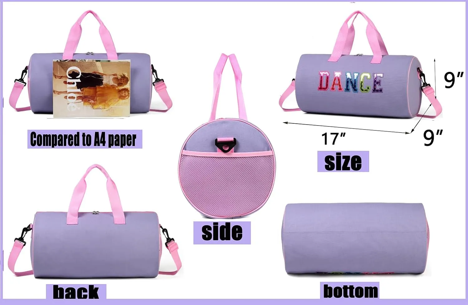 Dance Duffle Bag for Girls, Kids Toy Storage Bag,Weekend Bag,Overnight Bag,Gymnastics bag 17""Lx9""Wx9""H (Light purple set-clear letter bag)