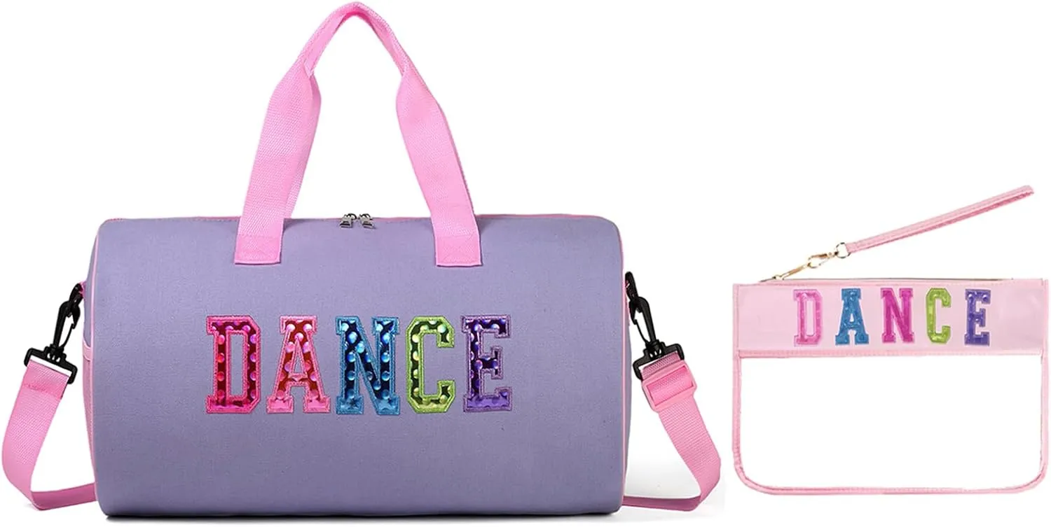 Dance Duffle Bag for Girls, Kids Toy Storage Bag,Weekend Bag,Overnight Bag,Gymnastics bag 17""Lx9""Wx9""H (Light purple set-clear letter bag)
