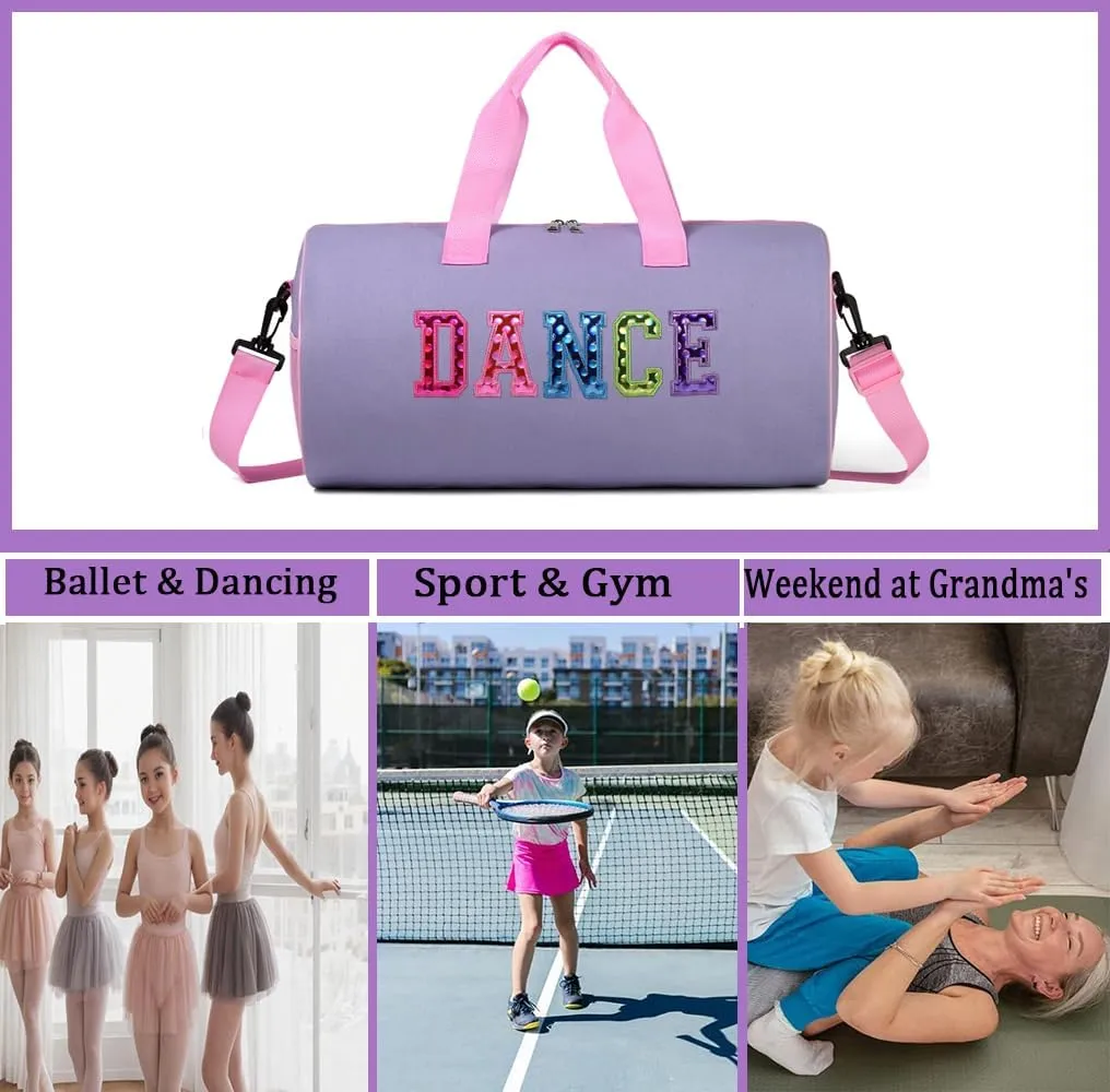 Dance Duffle Bag for Girls, Kids Toy Storage Bag,Weekend Bag,Overnight Bag,Gymnastics bag 17""Lx9""Wx9""H (Light purple set-clear letter bag)